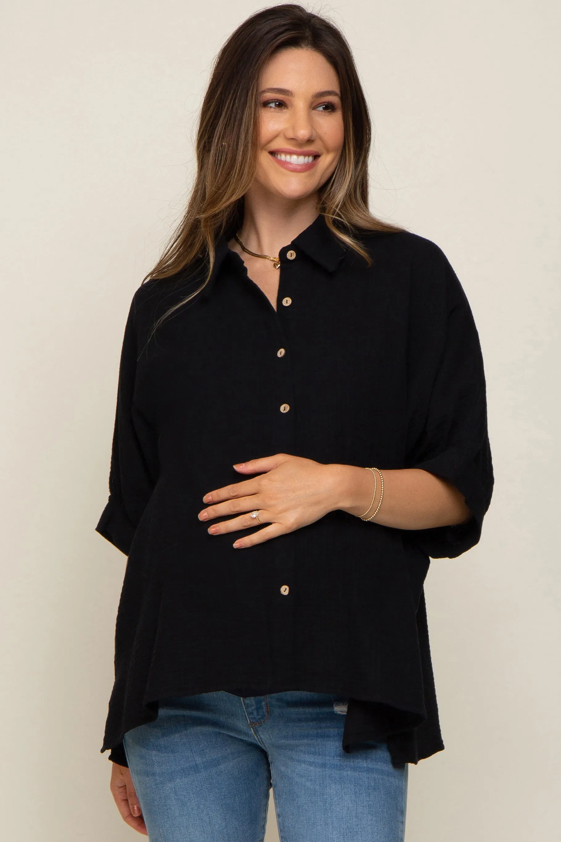 Black Button Down Collared Maternity Top sold by Pinkblush
