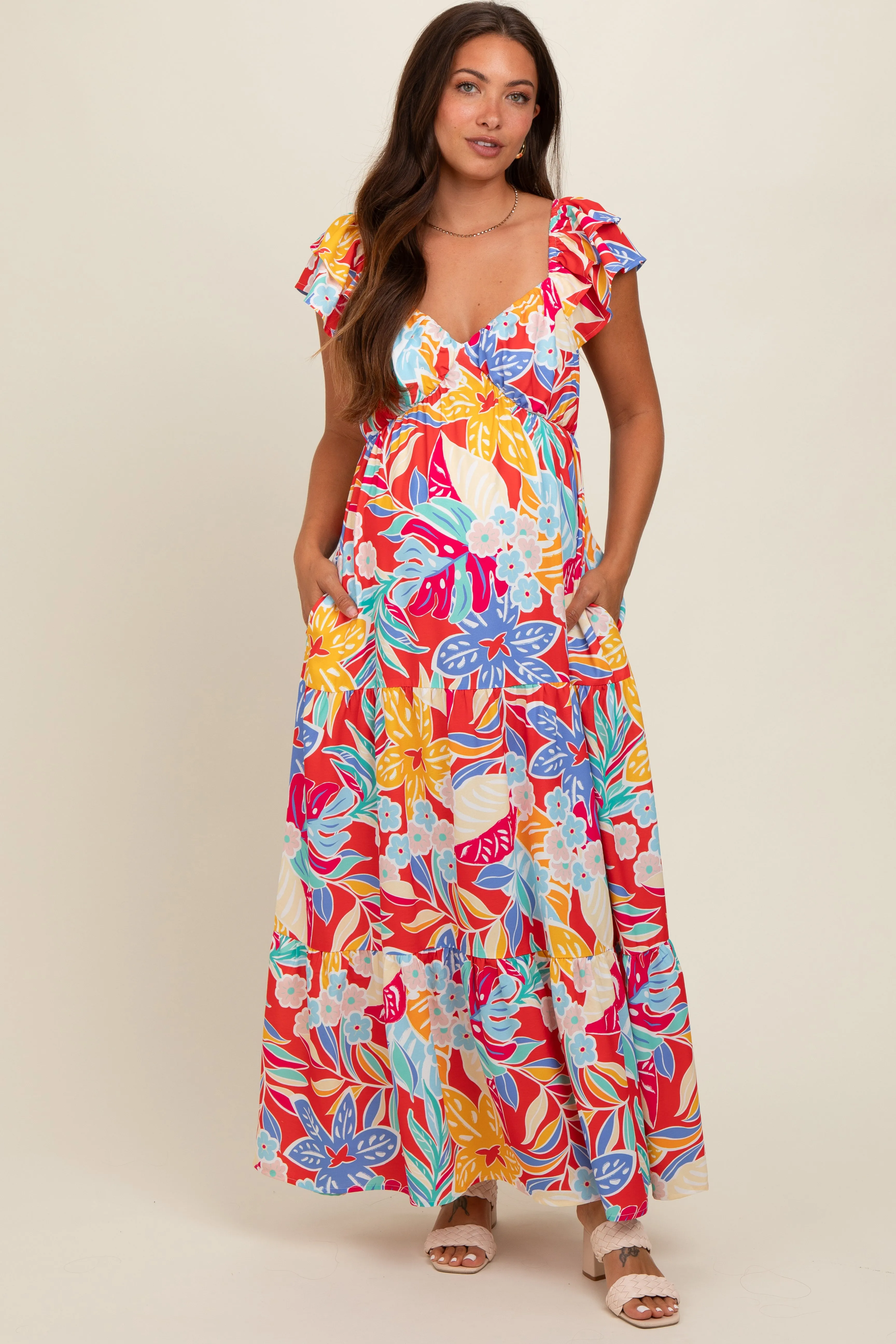 Red Floral V-Neck Layered Flutter Short Sleeve Maternity Midi Dress sold by Pinkblush