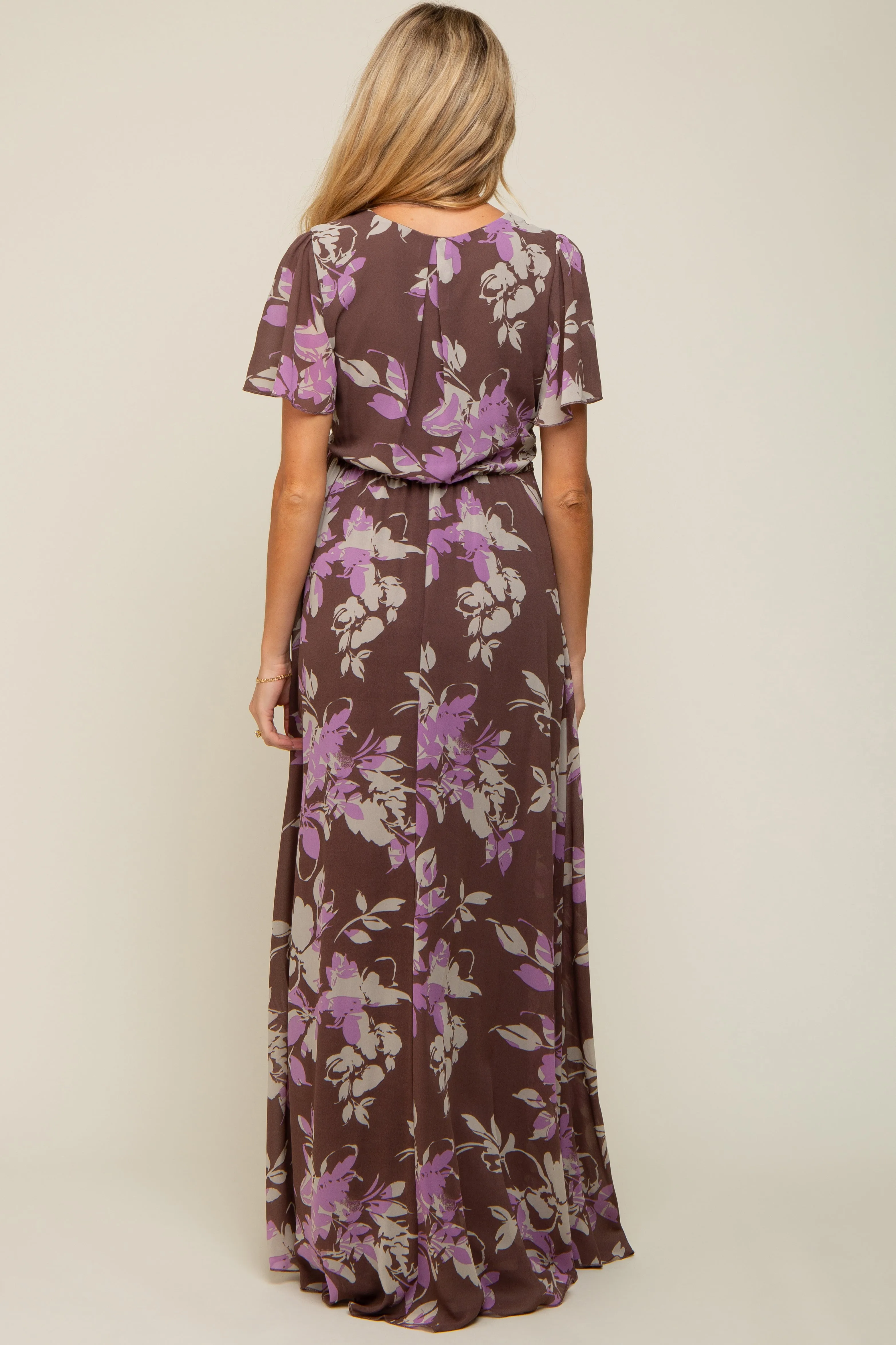 Brown Floral V-Neck Side Slit Maternity Dress sold by Pinkblush product image thumbnail 3