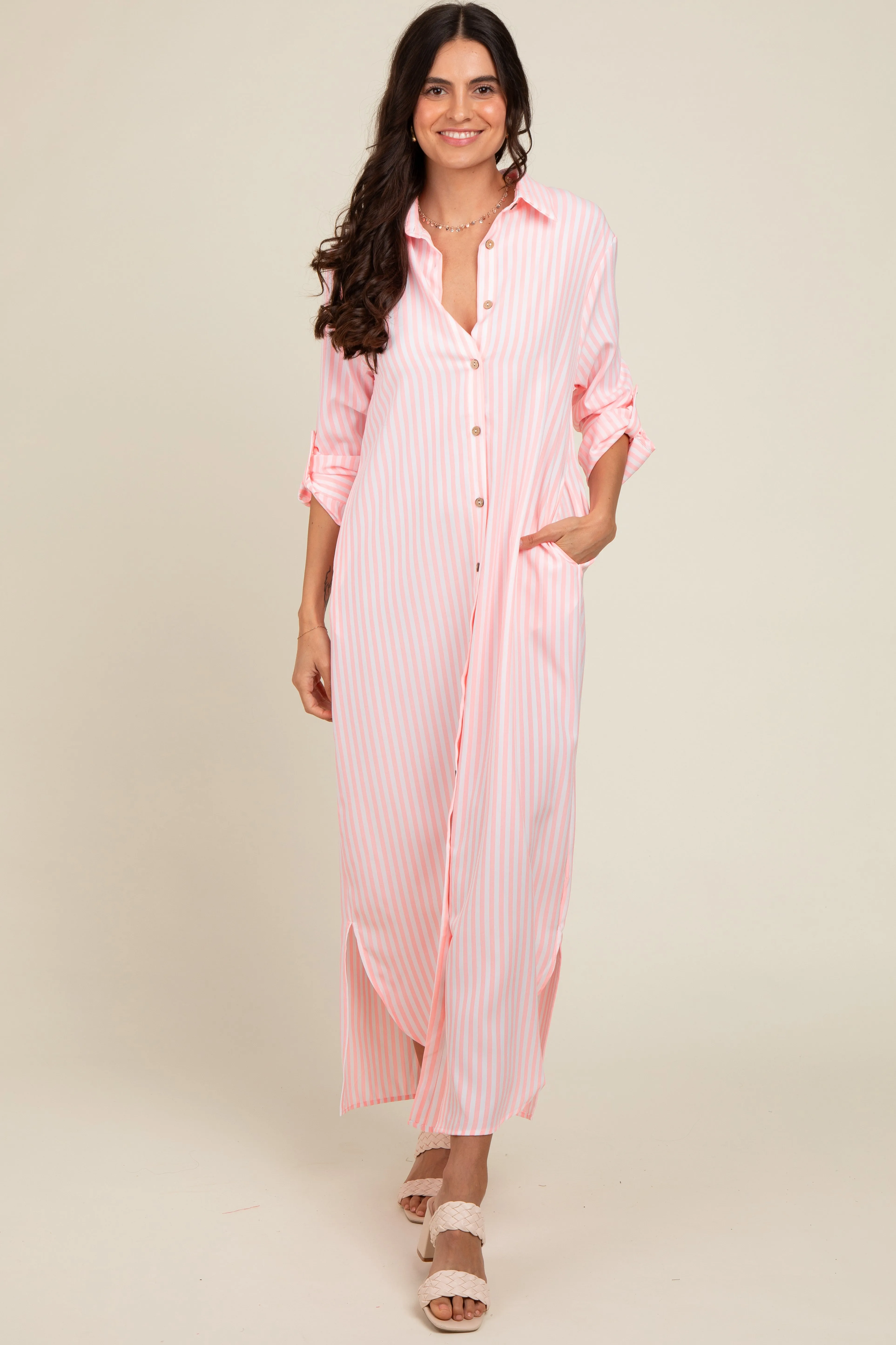 Pink Striped Button Down Maternity Maxi Dress sold by Pinkblush product image thumbnail 5