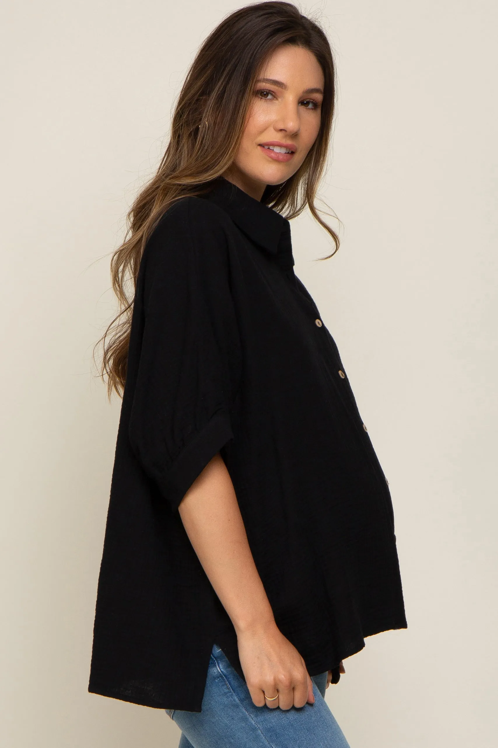 Black Button Down Collared Maternity Top sold by Pinkblush product image thumbnail 2