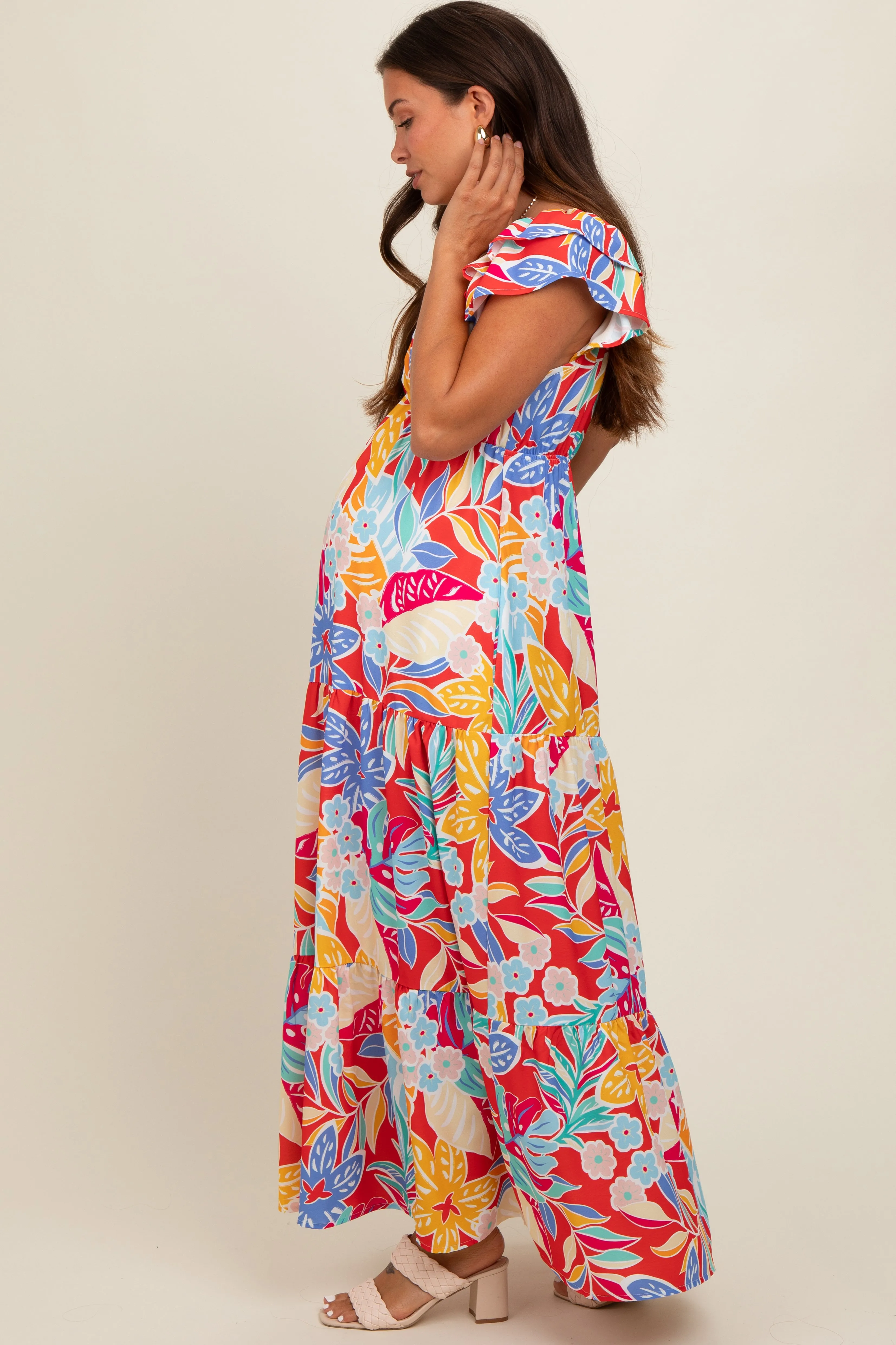 Red Floral V-Neck Layered Flutter Short Sleeve Maternity Midi Dress sold by Pinkblush product image thumbnail 2