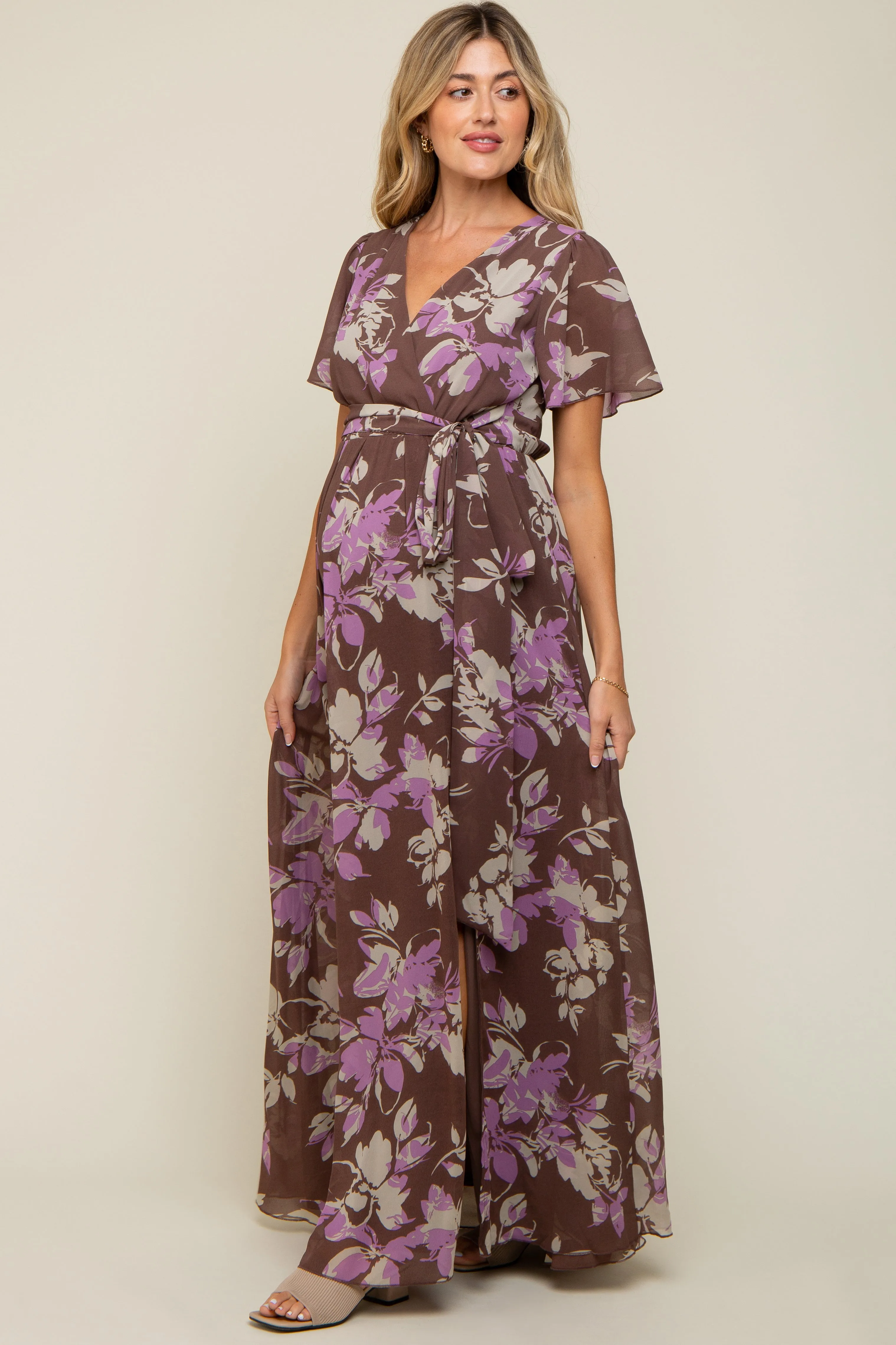 Brown Floral V-Neck Side Slit Maternity Dress sold by Pinkblush product image thumbnail 4