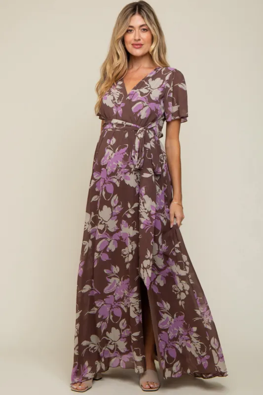 Brown Floral V-Neck Side Slit Maternity Dress sold by Pinkblush