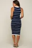 Navy Blue Striped Sleeveless Collared Maternity Midi Dress sold by Pinkblush
