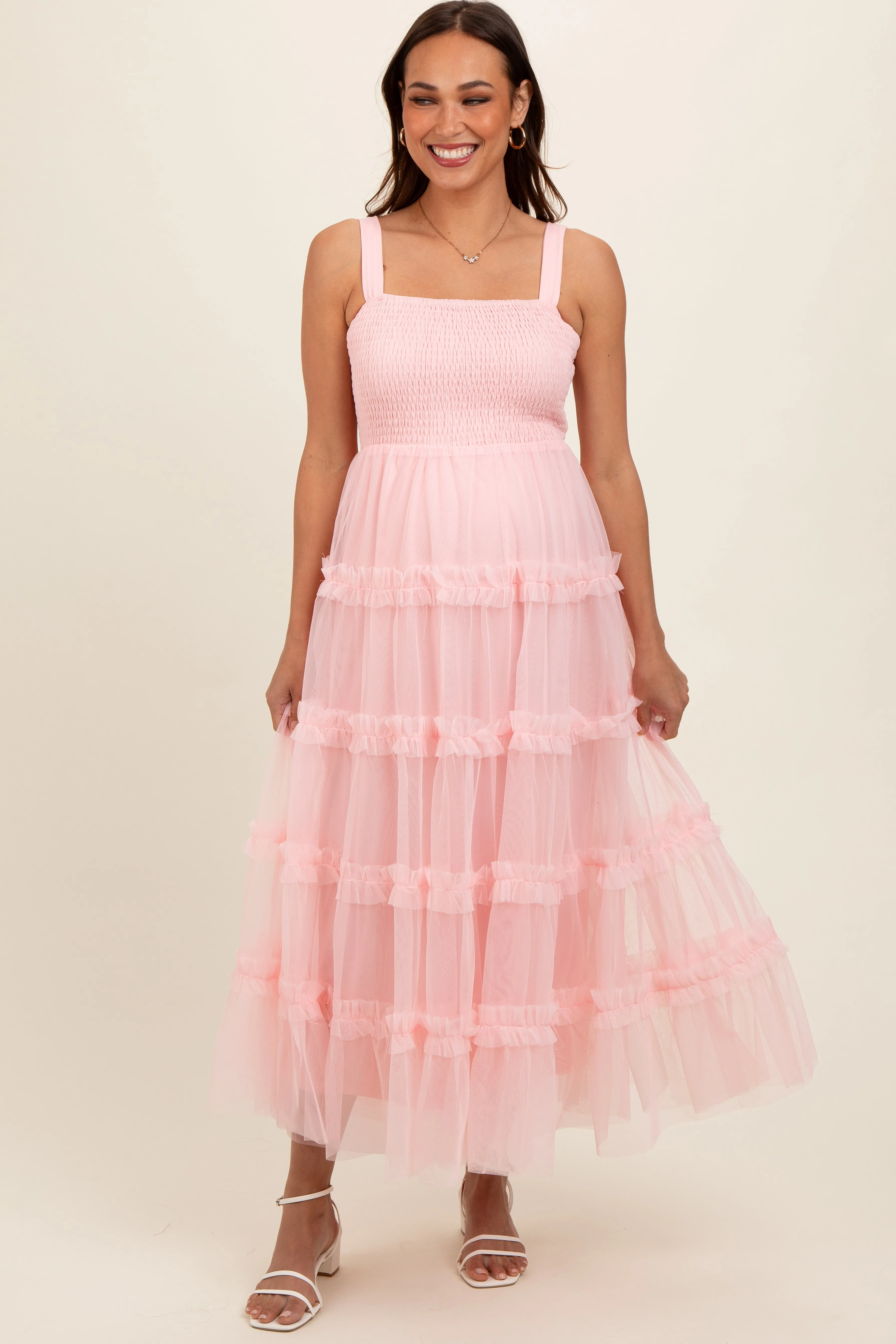 Light Pink Smocked Ruffle Tiered Tulle Maternity Midi Dress sold by Pinkblush product image thumbnail 2