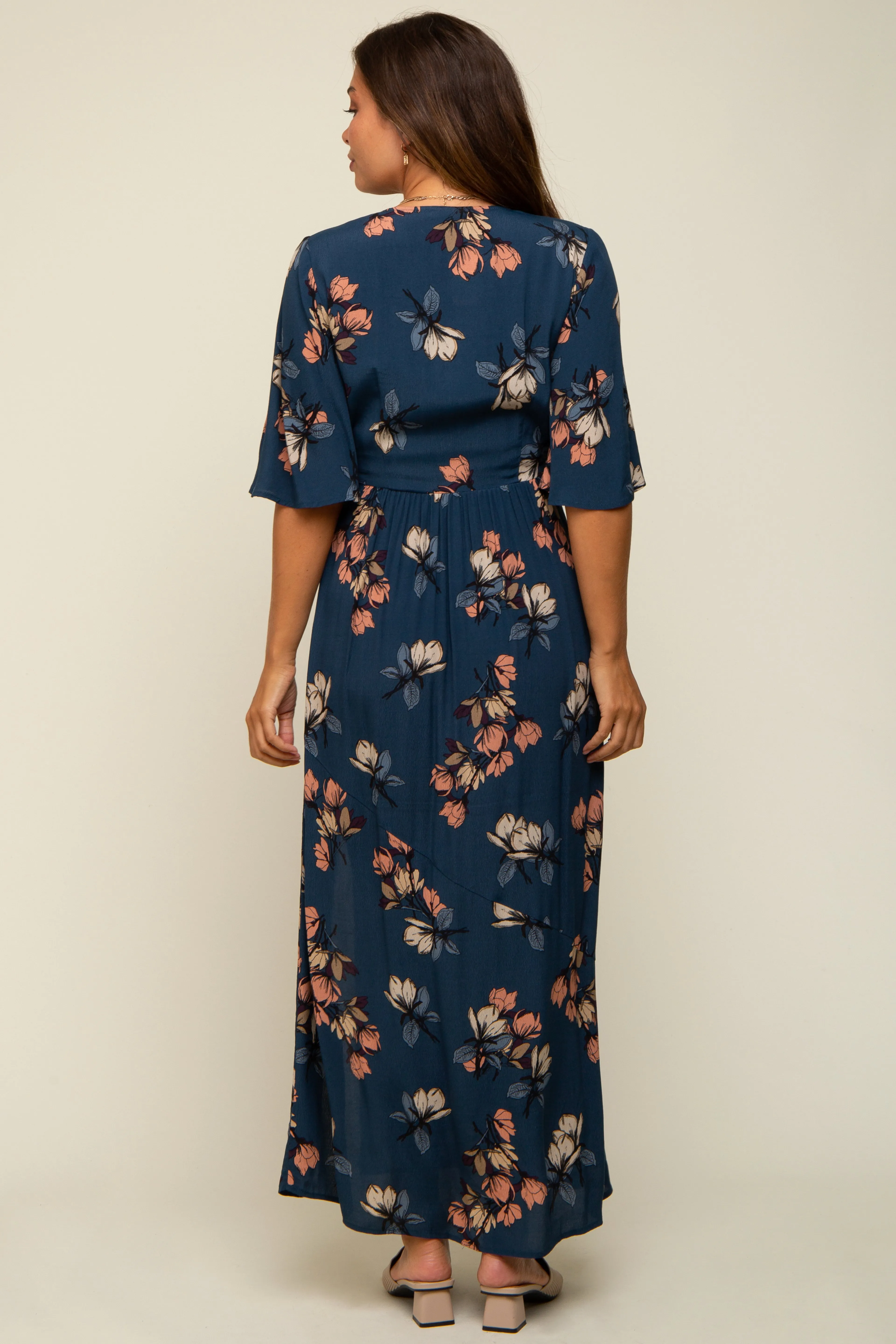 Dark Teal Floral Deep V-Neck Short Sleeve Front Slit Maternity Maxi Dress sold by Pinkblush product image thumbnail 4