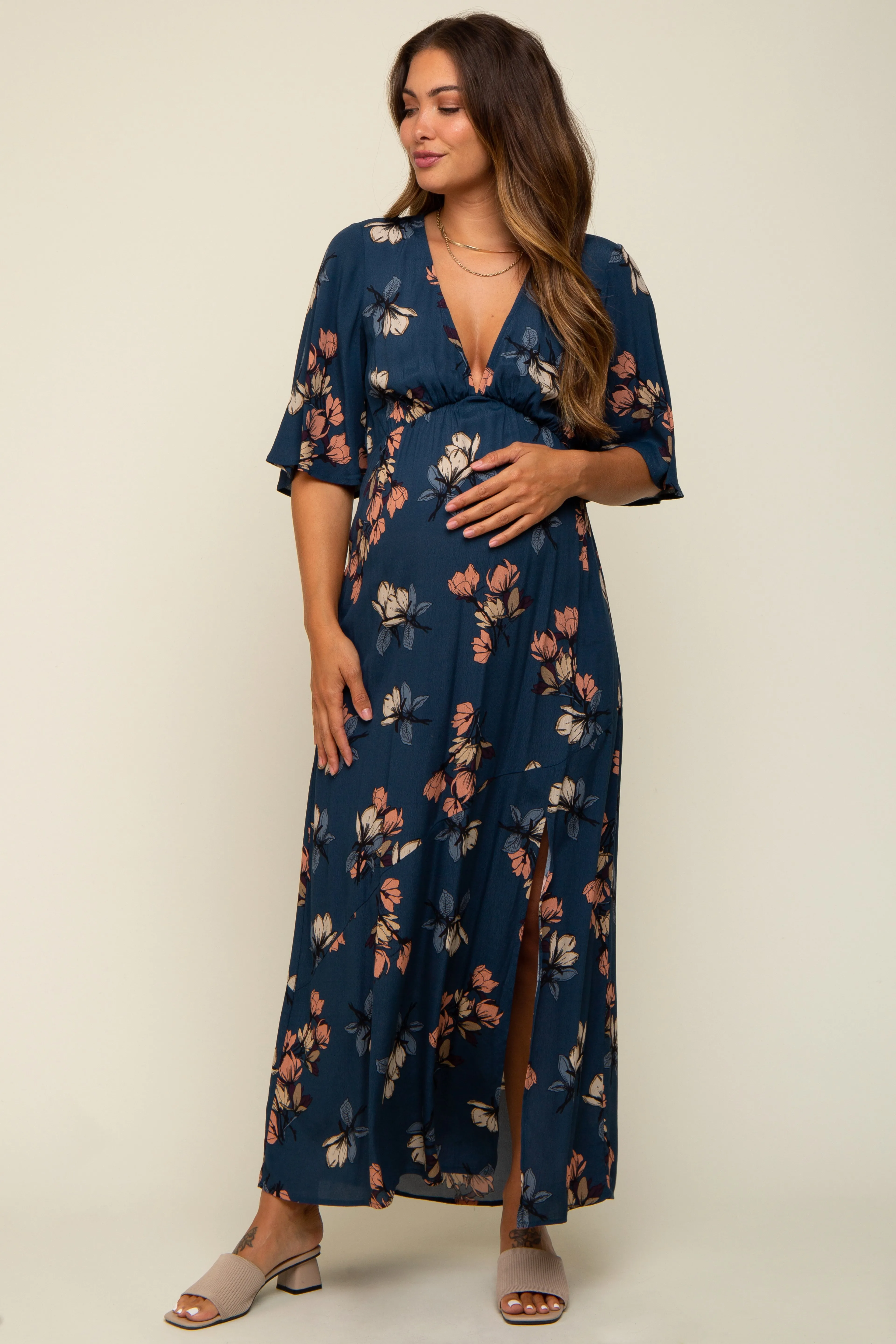 Dark Teal Floral Deep V-Neck Short Sleeve Front Slit Maternity Maxi Dress sold by Pinkblush