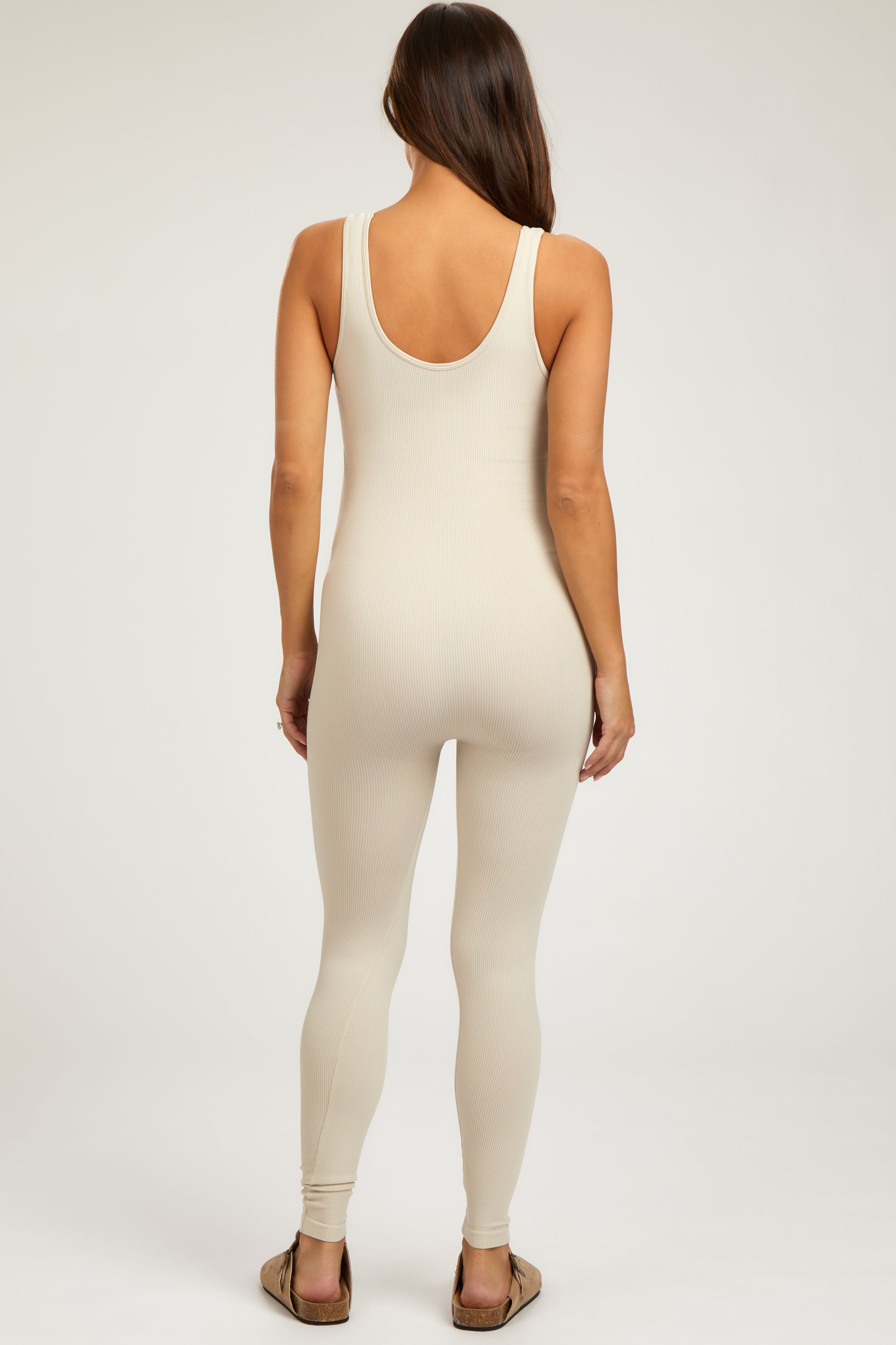 Beige V-Neck Seamless Ribbed Fitted Maternity Jumpsuit sold by Pinkblush product image thumbnail 3