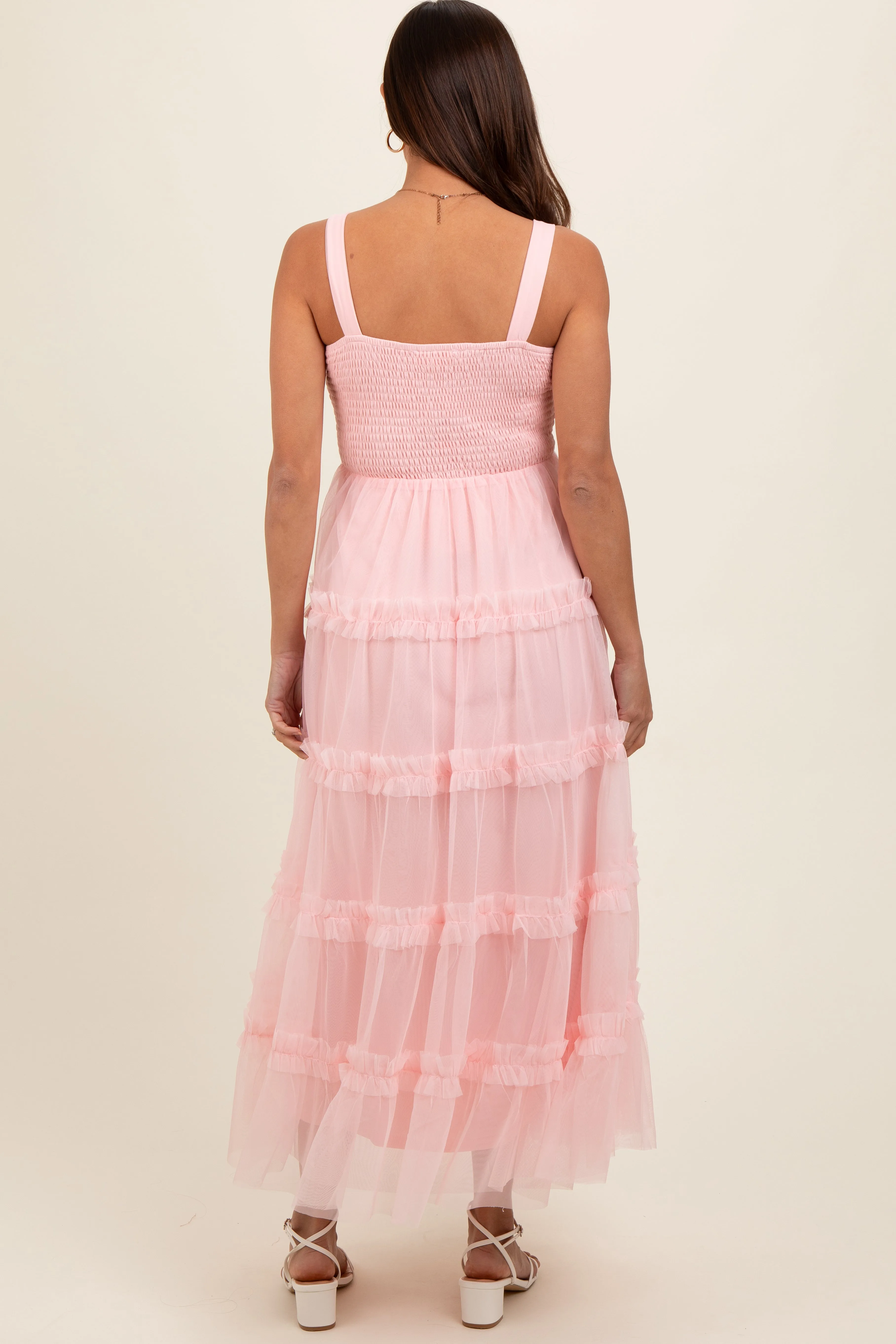 Light Pink Smocked Ruffle Tiered Tulle Maternity Midi Dress sold by Pinkblush product image thumbnail 4