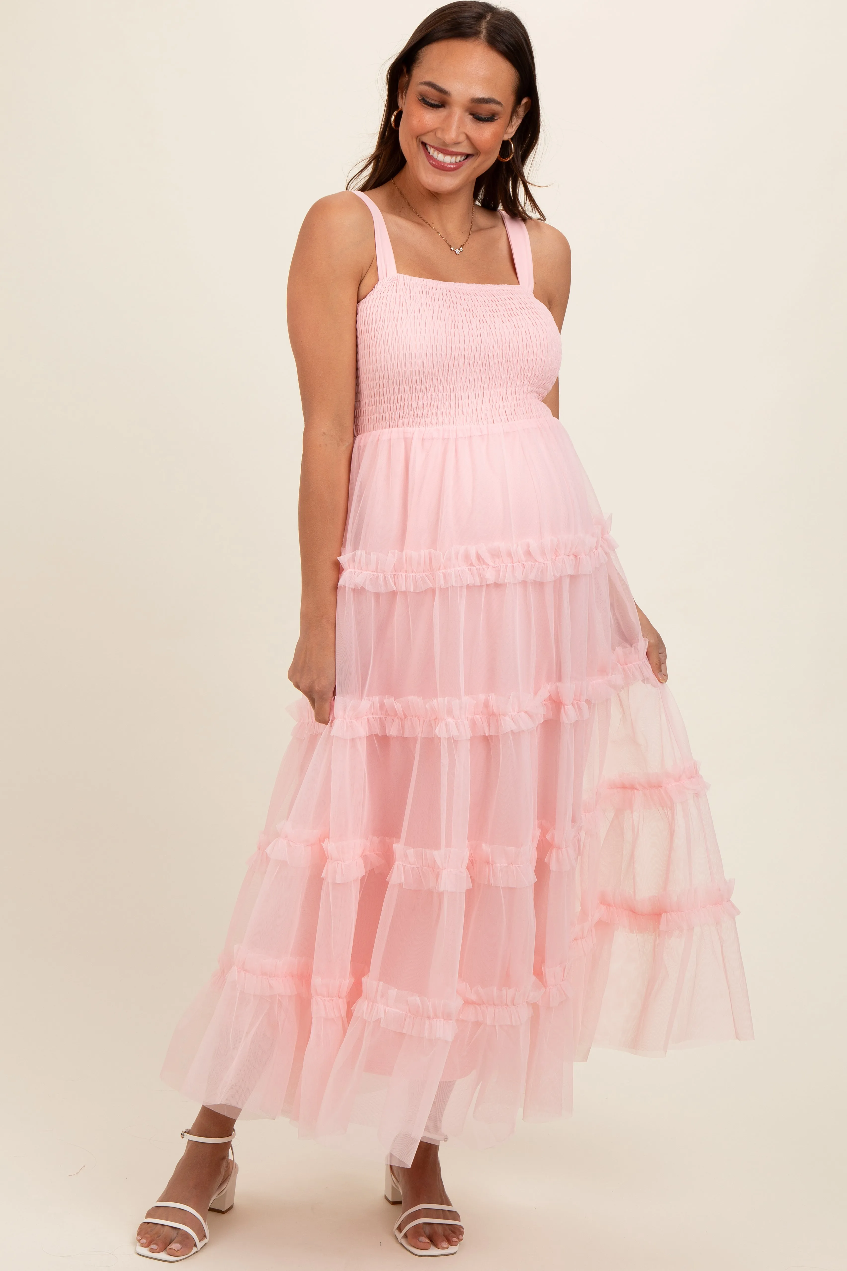 Light Pink Smocked Ruffle Tiered Tulle Maternity Midi Dress sold by Pinkblush