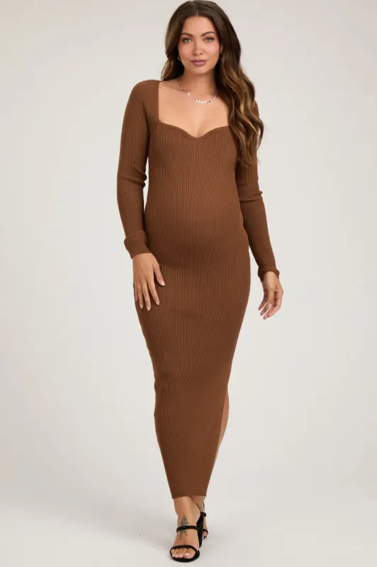 Brown Rib Knit Long Sleeve Maternity Maxi Dress sold by Pinkblush