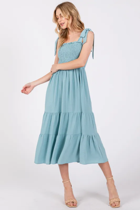 Light Blue Smocked Tie Strap Tiered Midi Dress sold by Pinkblush