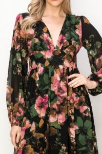 Green Chiffon Floral Long Sleeve V-Neck Maxi Dress sold by Pinkblush