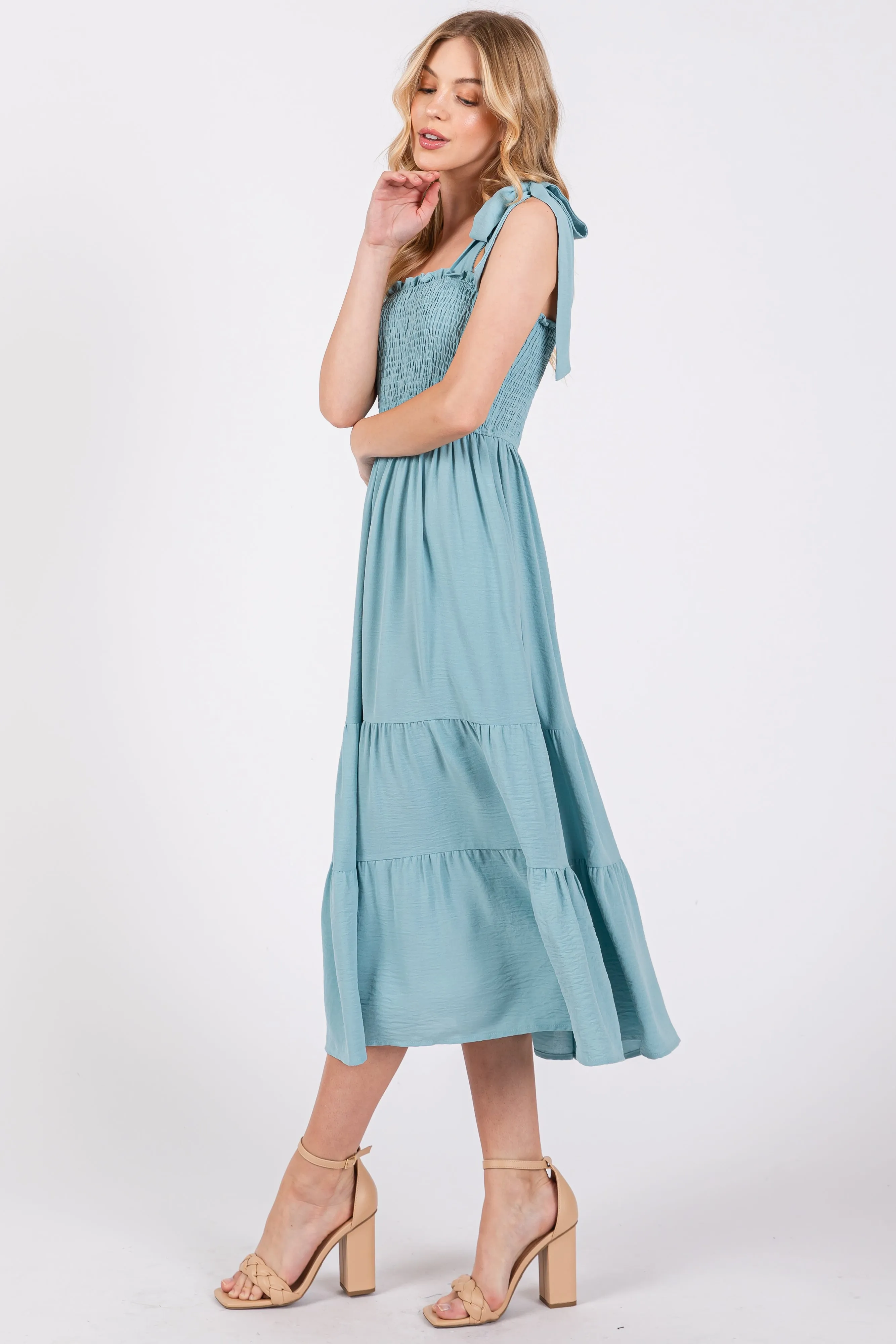 Light Blue Smocked Tie Strap Tiered Midi Dress sold by Pinkblush product image thumbnail 2