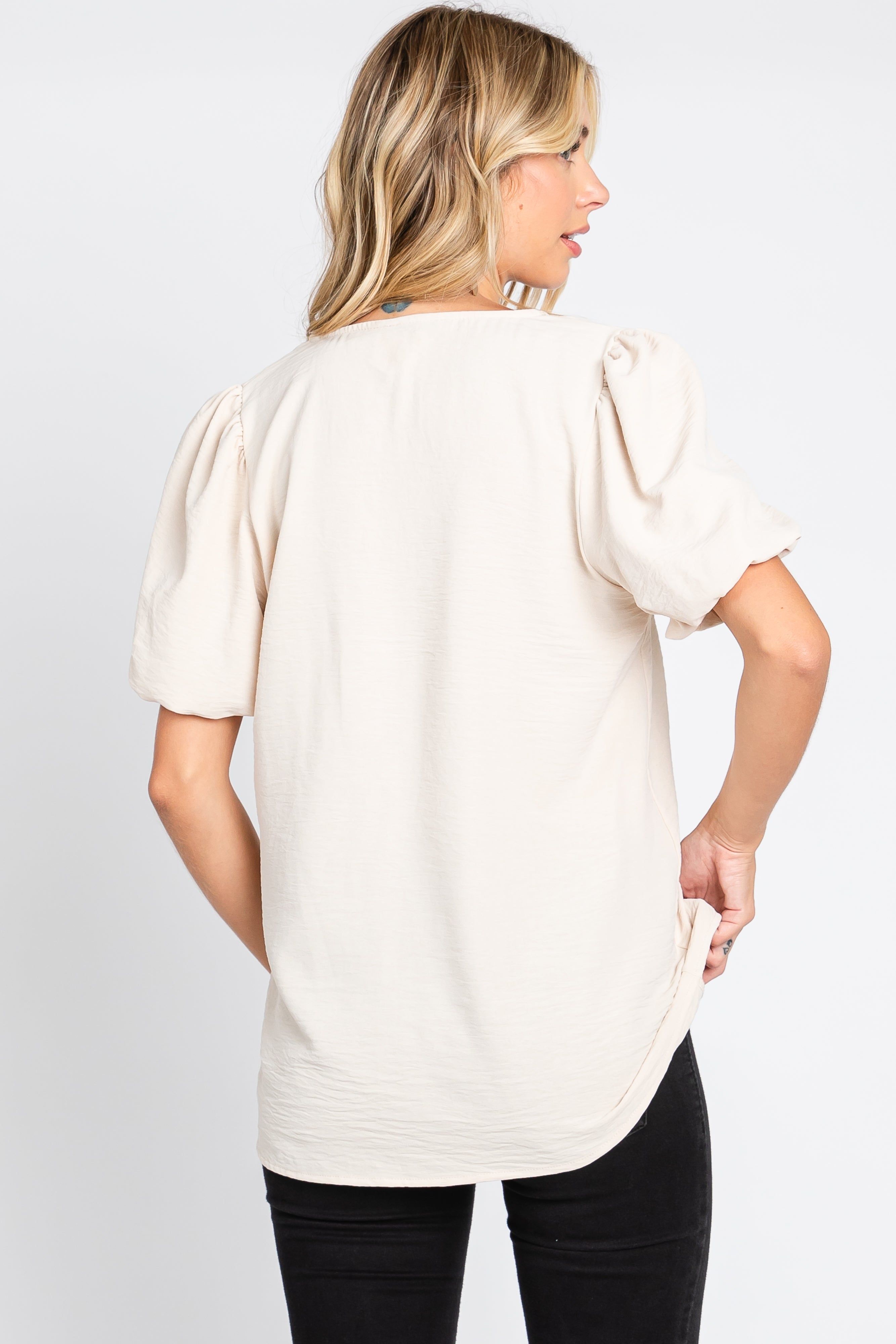 Beige Puff Sleeve V-Neck Top sold by Pinkblush product image thumbnail 3
