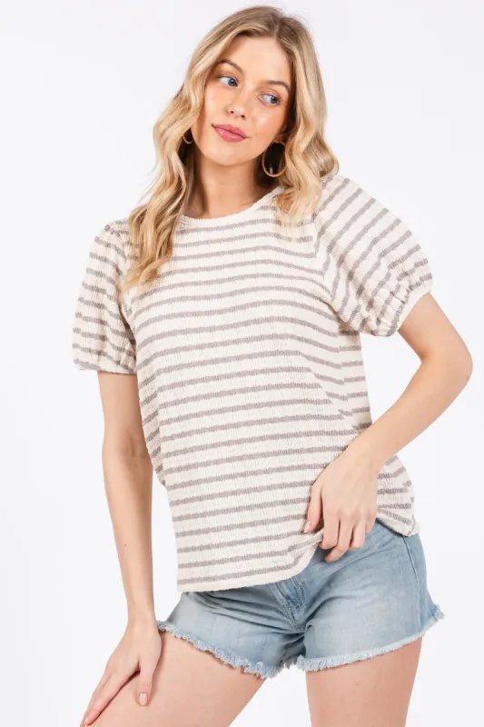 Grey Striped Textured Puff Sleeve Top sold by Pinkblush