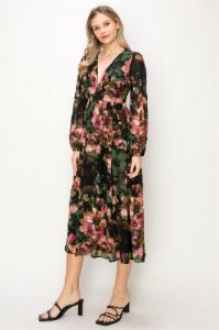 Green Chiffon Floral Long Sleeve V-Neck Maxi Dress sold by Pinkblush