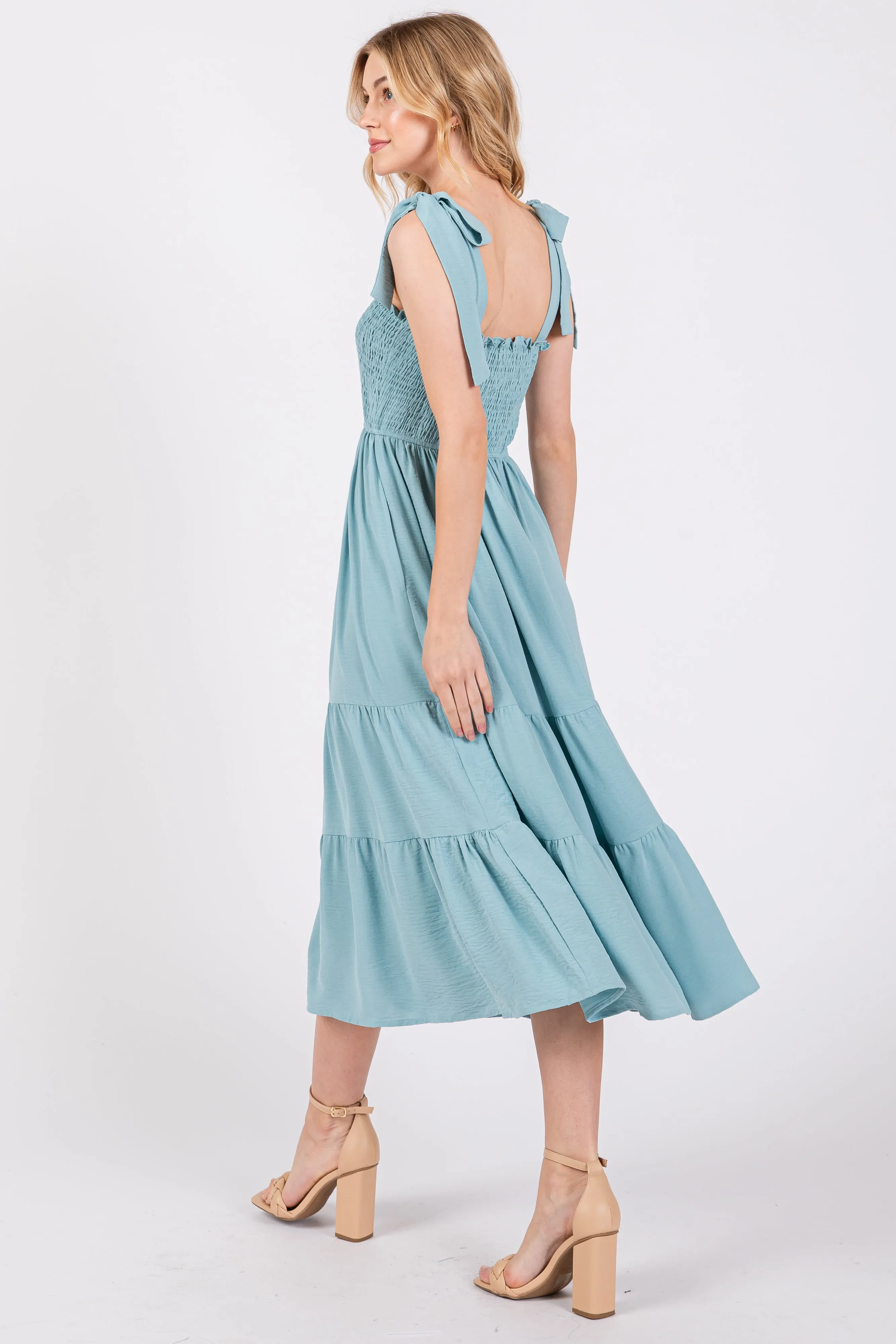 Light Blue Smocked Tie Strap Tiered Midi Dress sold by Pinkblush product image thumbnail 3