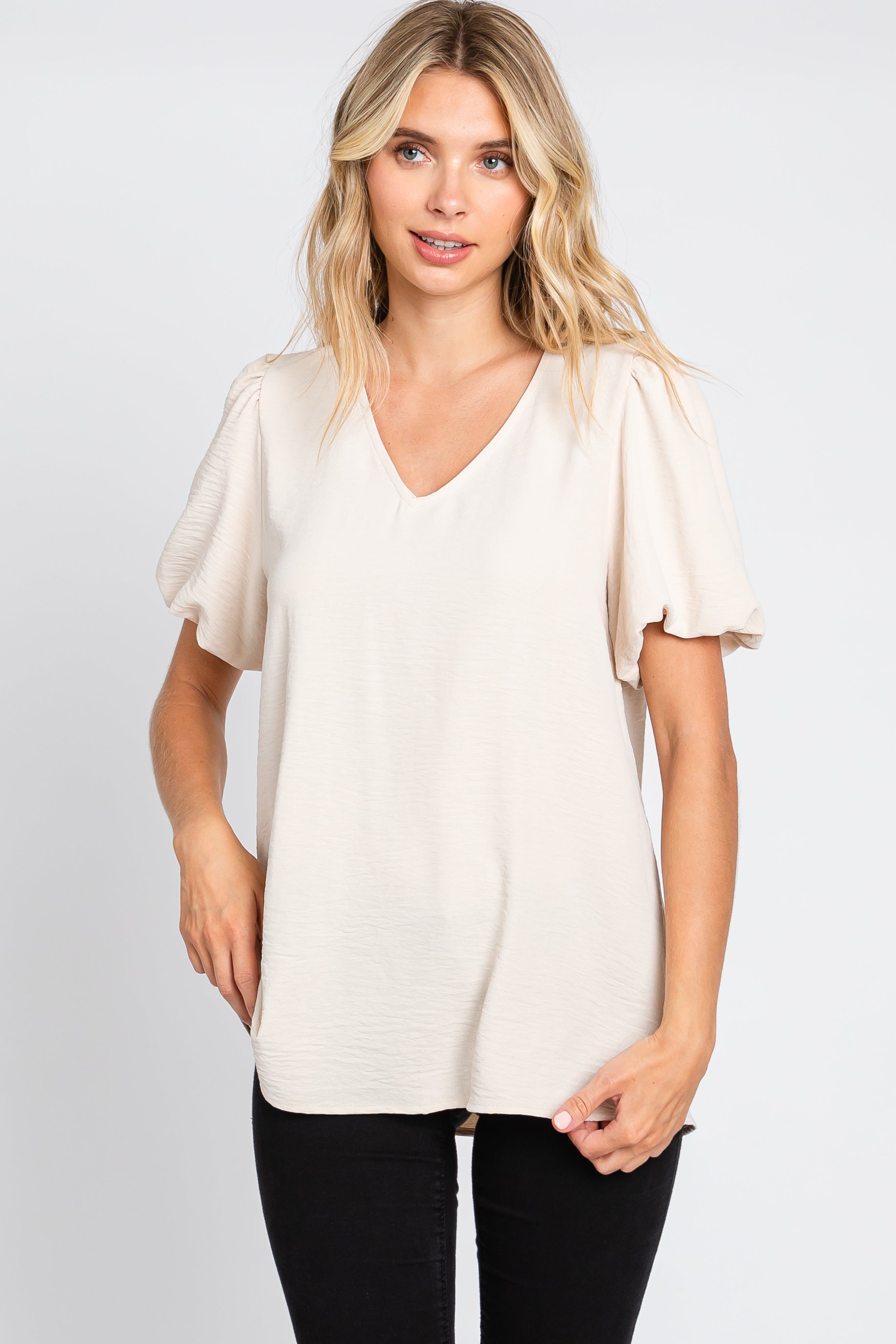 Beige Puff Sleeve V-Neck Top sold by Pinkblush