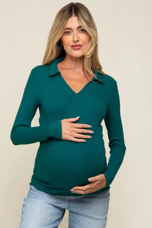 Teal Ribbed Collared Long Sleeve Maternity Top sold by Pinkblush