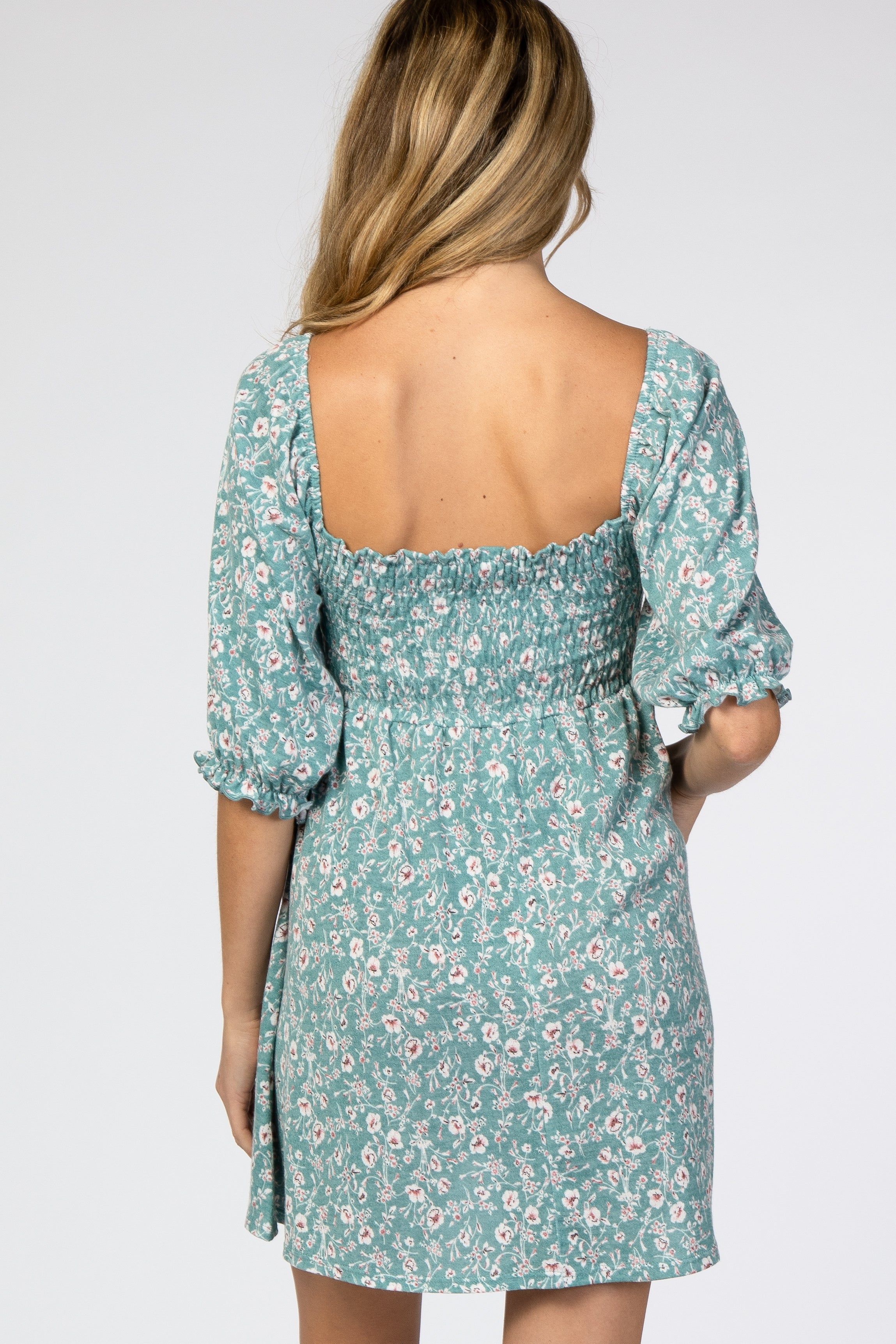 Teal Floral Puff Sleeve Maternity Dress sold by Pinkblush product image thumbnail 3