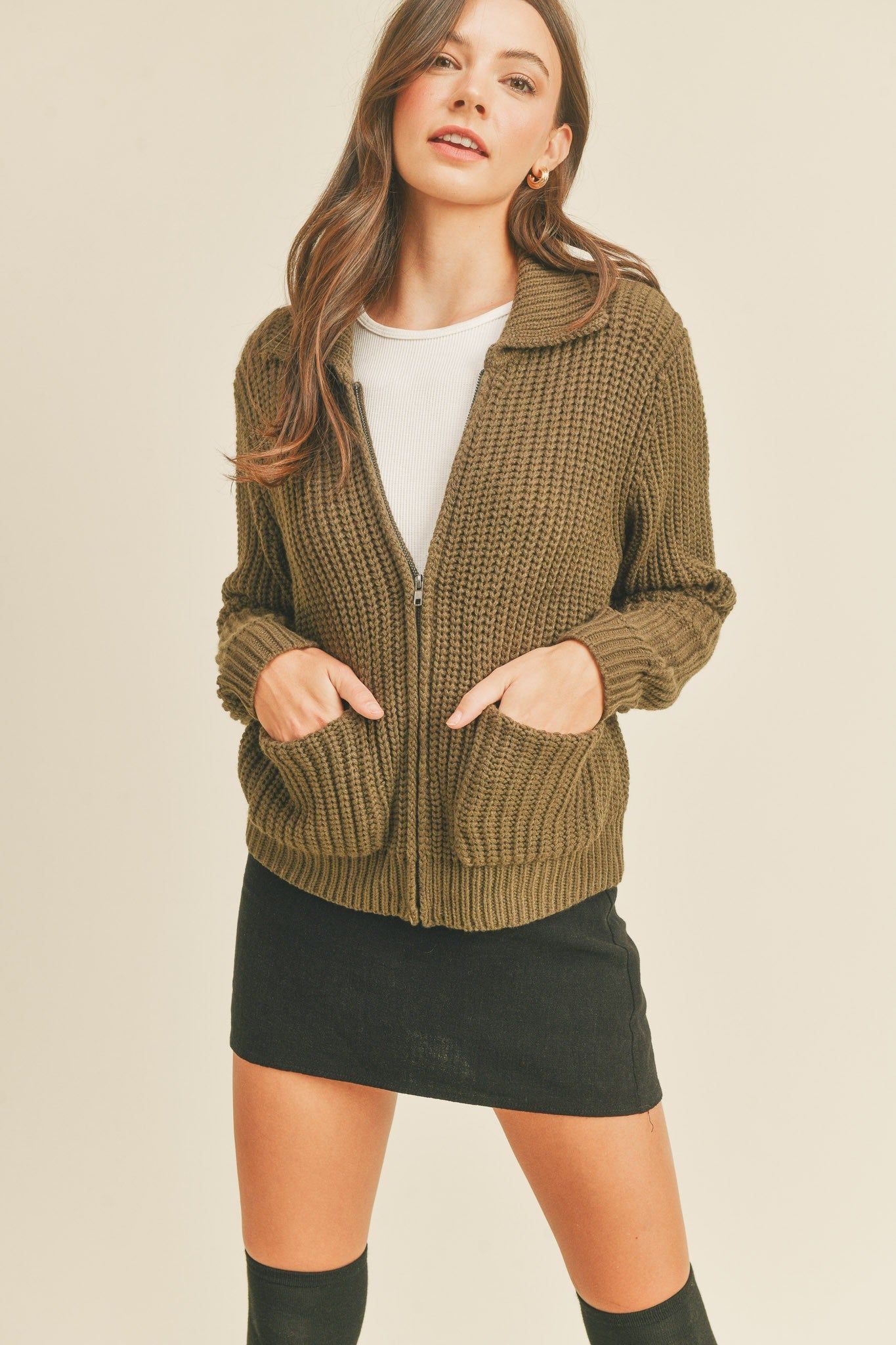 Olive Full Zip Sweater Cardigan sold by Pinkblush