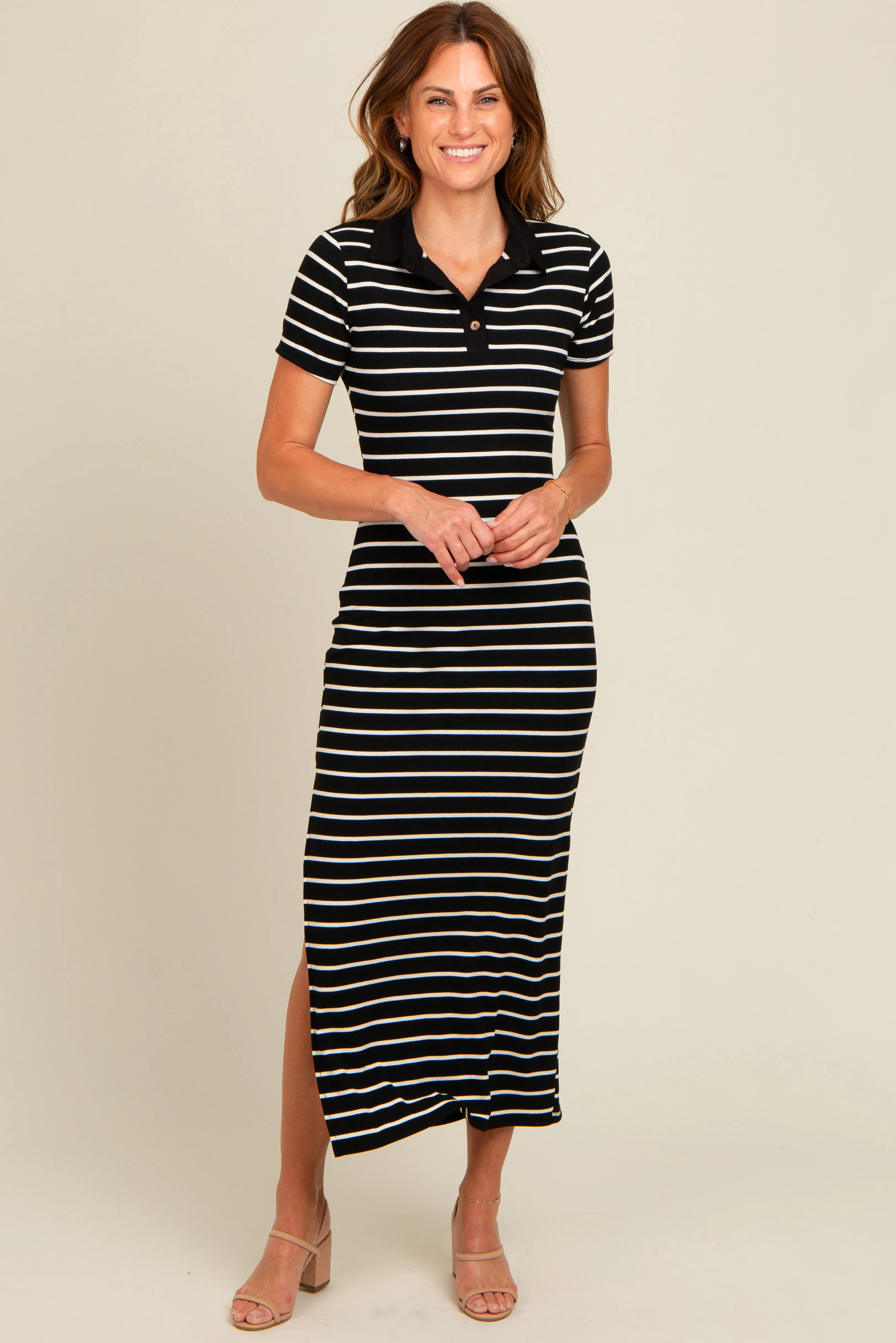 Black Striped Collared Side Slit Maternity Maxi Dress sold by Pinkblush product image thumbnail 5
