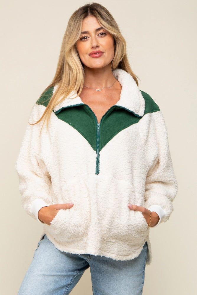 Forest Green Colorblock Half Zip Fleece Maternity Pullover sold by Pinkblush
