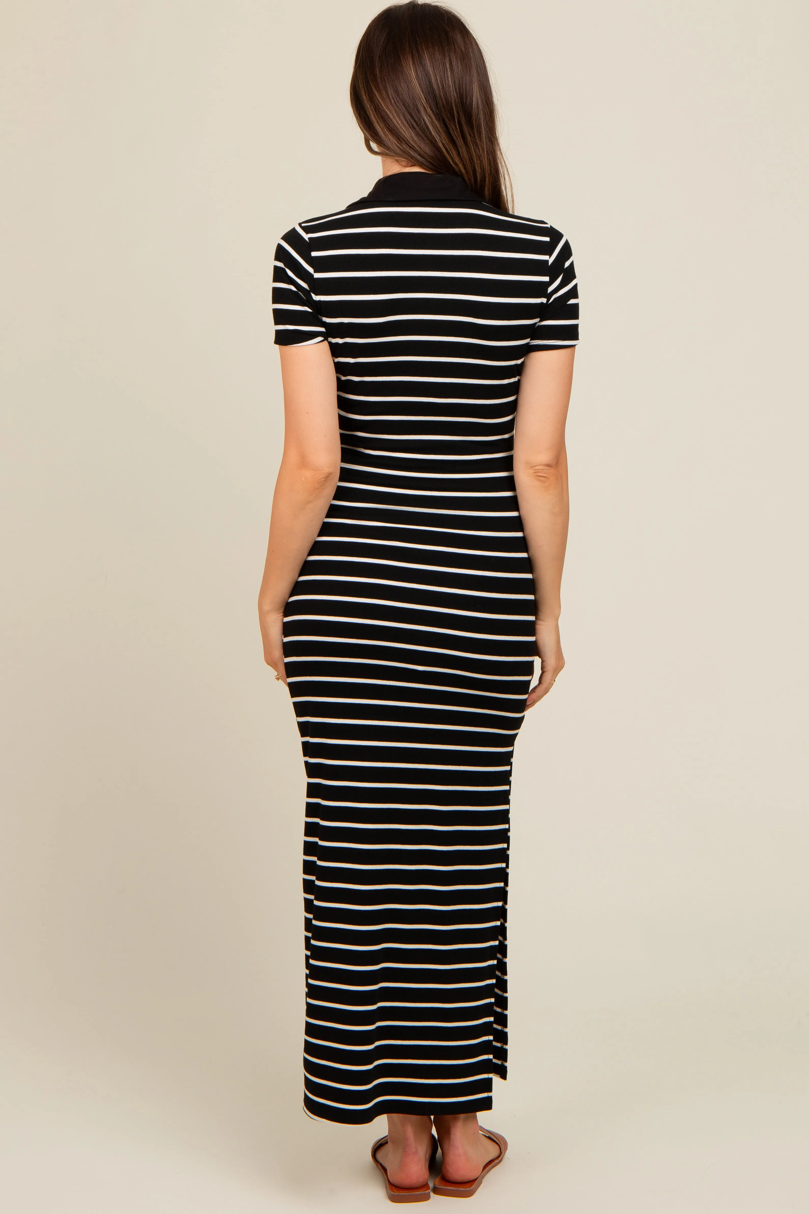 Black Striped Collared Side Slit Maternity Maxi Dress sold by Pinkblush product image thumbnail 4