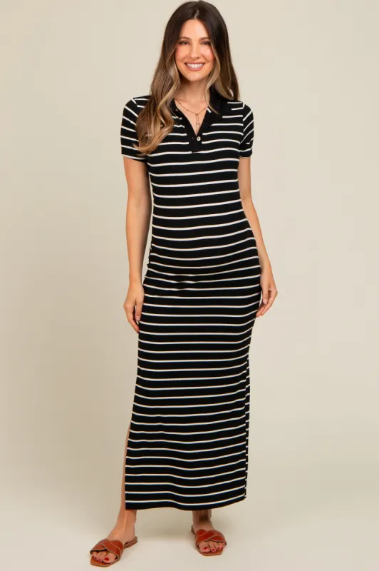 Black Striped Collared Side Slit Maternity Maxi Dress sold by Pinkblush