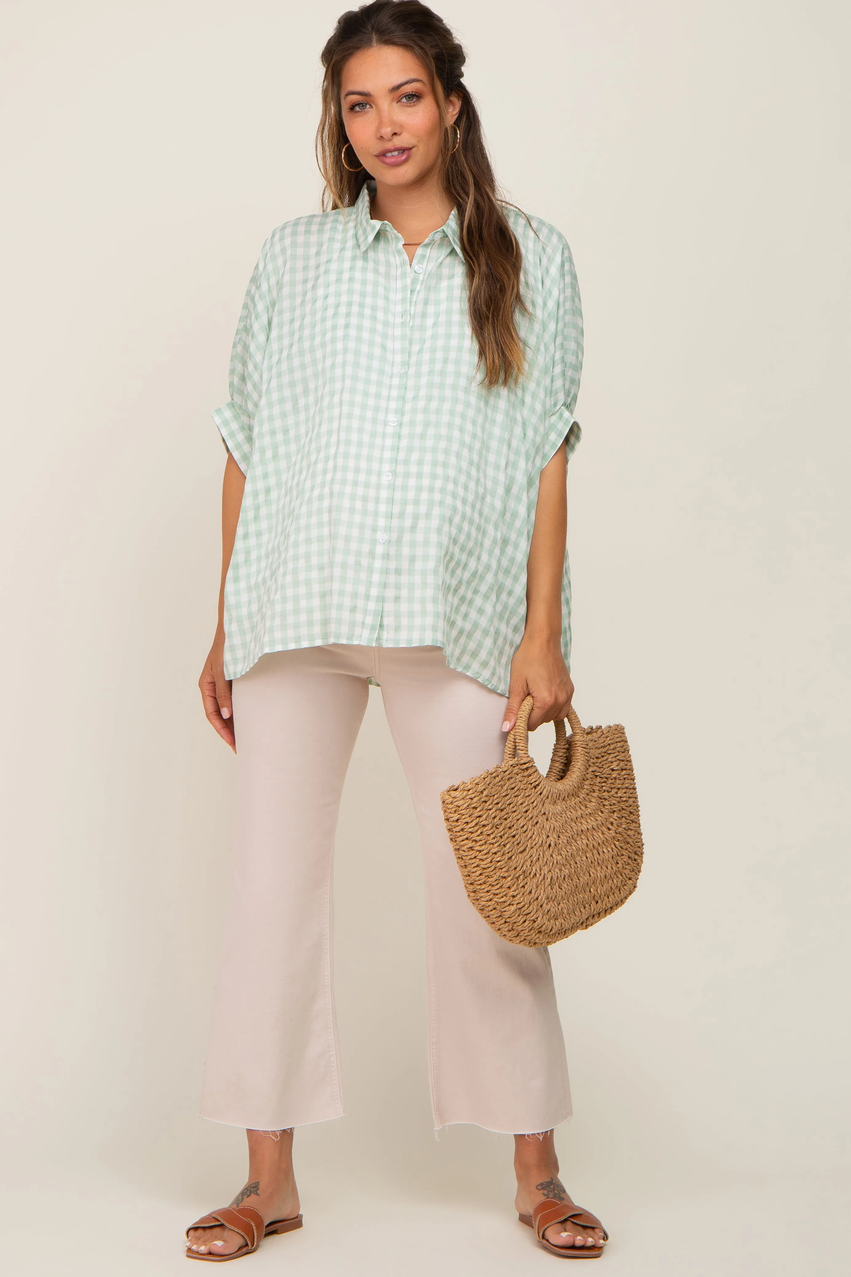 Mint Green Gingham Button Up Collared Boxy Maternity Top sold by Pinkblush product image thumbnail 5