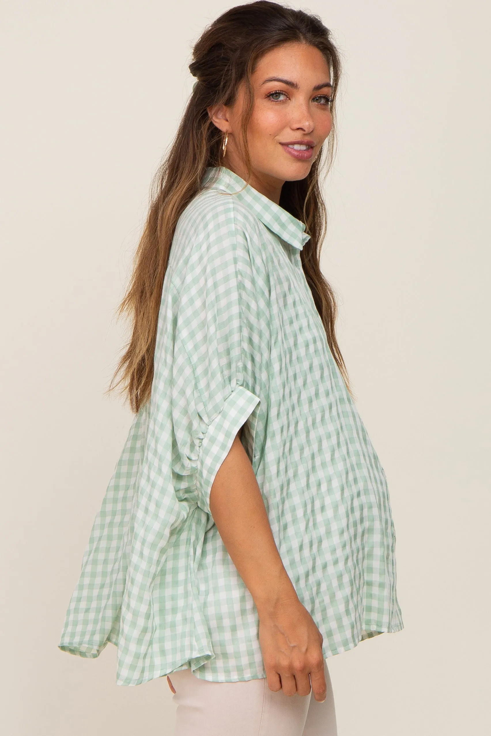 Mint Green Gingham Button Up Collared Boxy Maternity Top sold by Pinkblush product image thumbnail 2