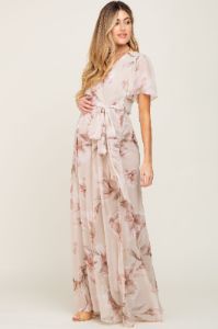 Beige Floral Chiffon Wrap Front Short Sleeve Maternity Maxi Dress sold by Pinkblush