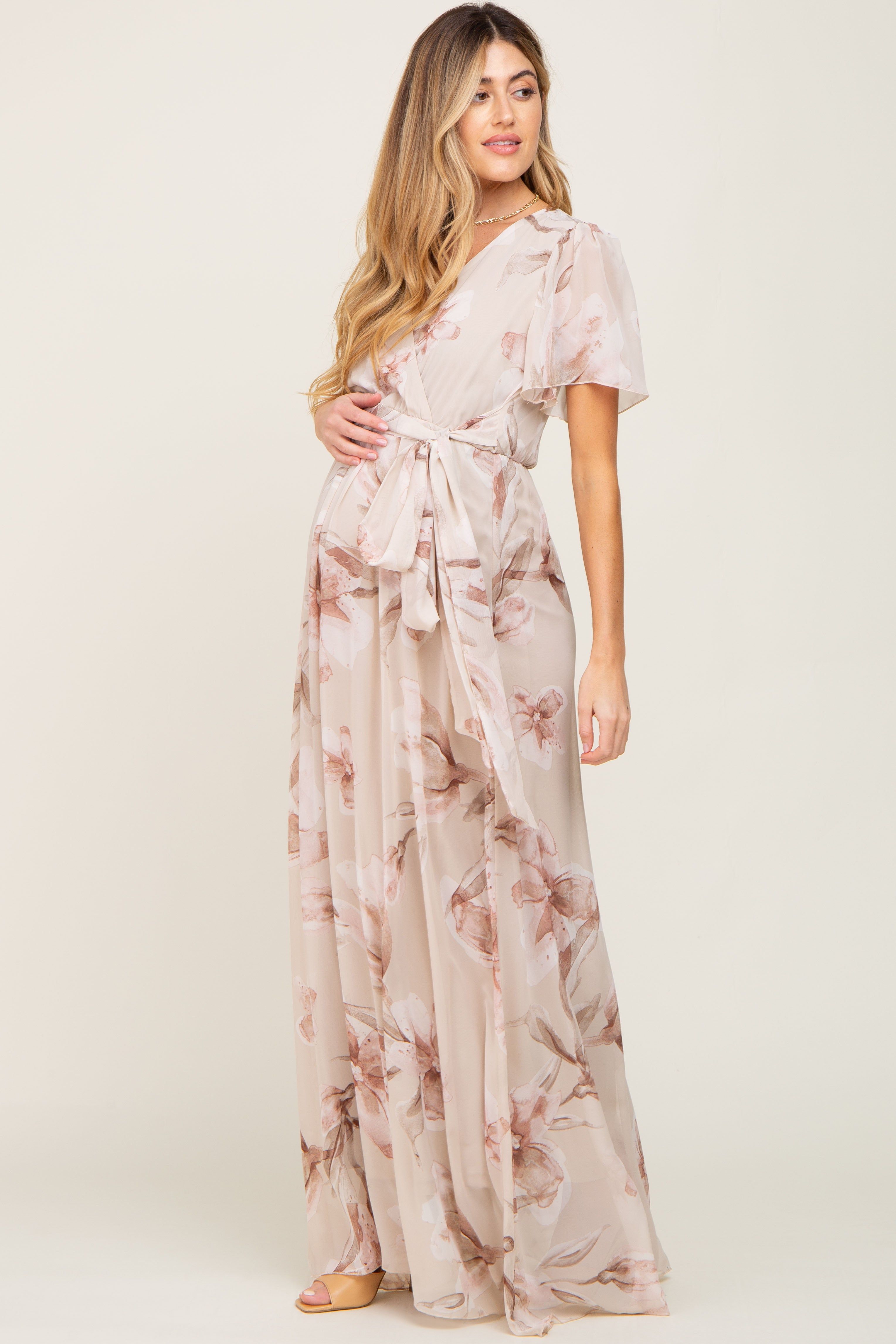 Beige Floral Chiffon Wrap Front Short Sleeve Maternity Maxi Dress sold by Pinkblush product image thumbnail 2