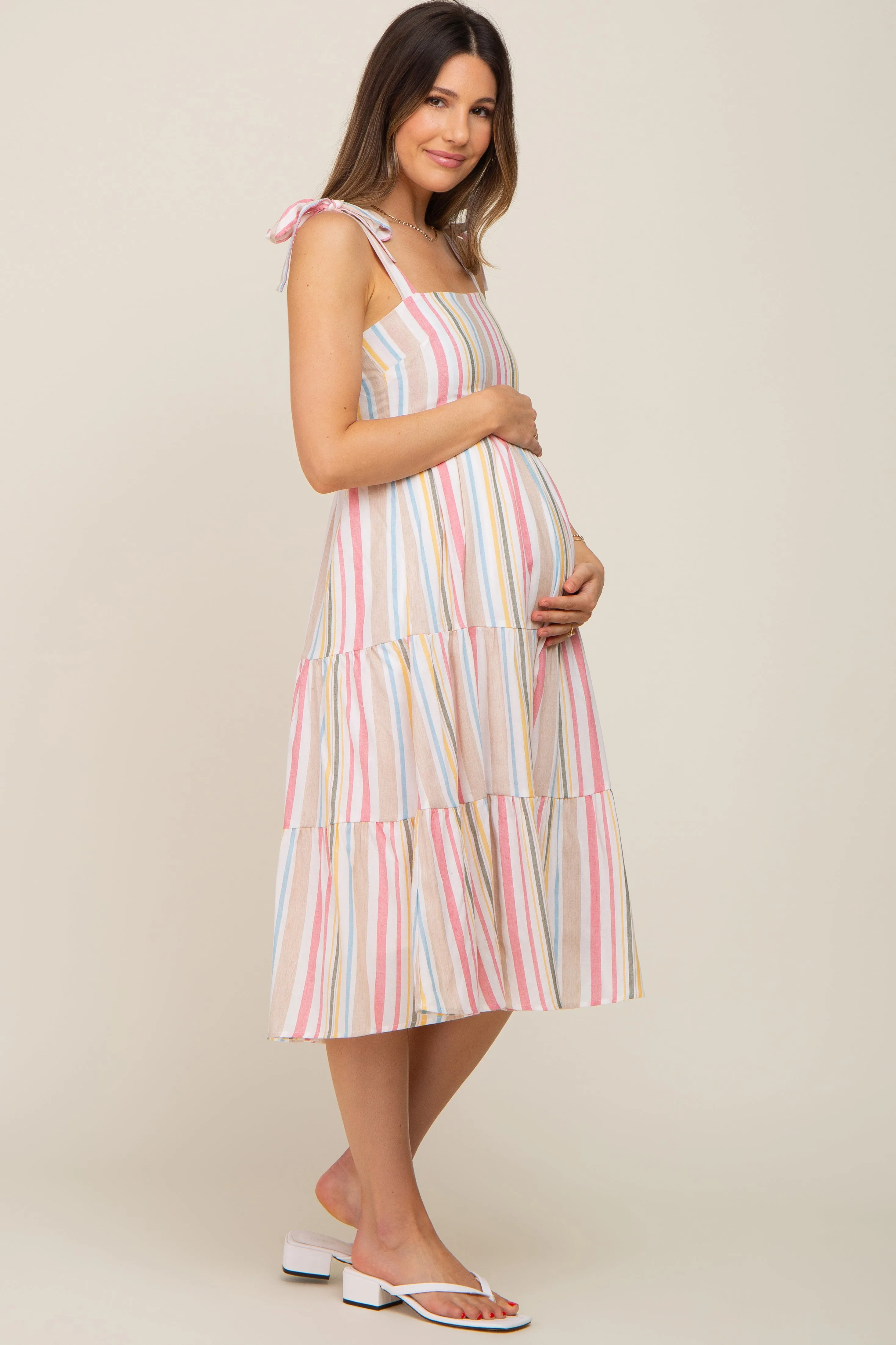 Pink Striped Shoulder Tie Tiered Maternity Midi Dress sold by Pinkblush product image thumbnail 3