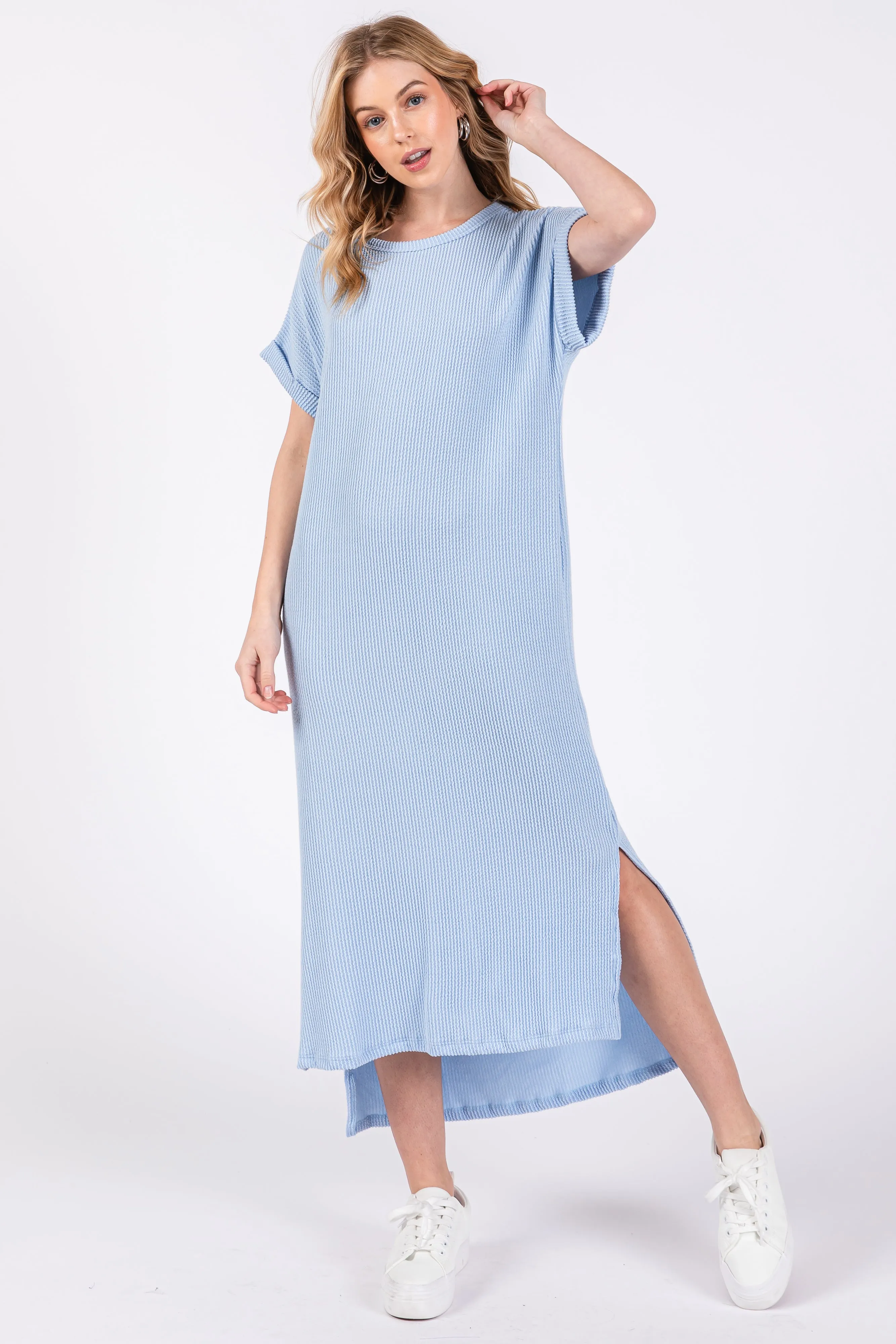 Light Blue Ribbed Short Sleeve Maternity Midi Dress sold by Pinkblush product image thumbnail 4