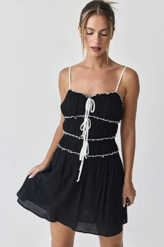 Black Contrast Tie-Front Ruffled Mini Dress sold by Pinkblush