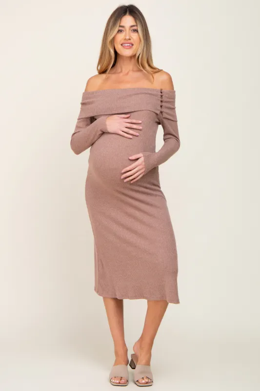 Mocha Ribbed Knit Foldover Off Shoulder Maternity Midi Dress sold by Pinkblush