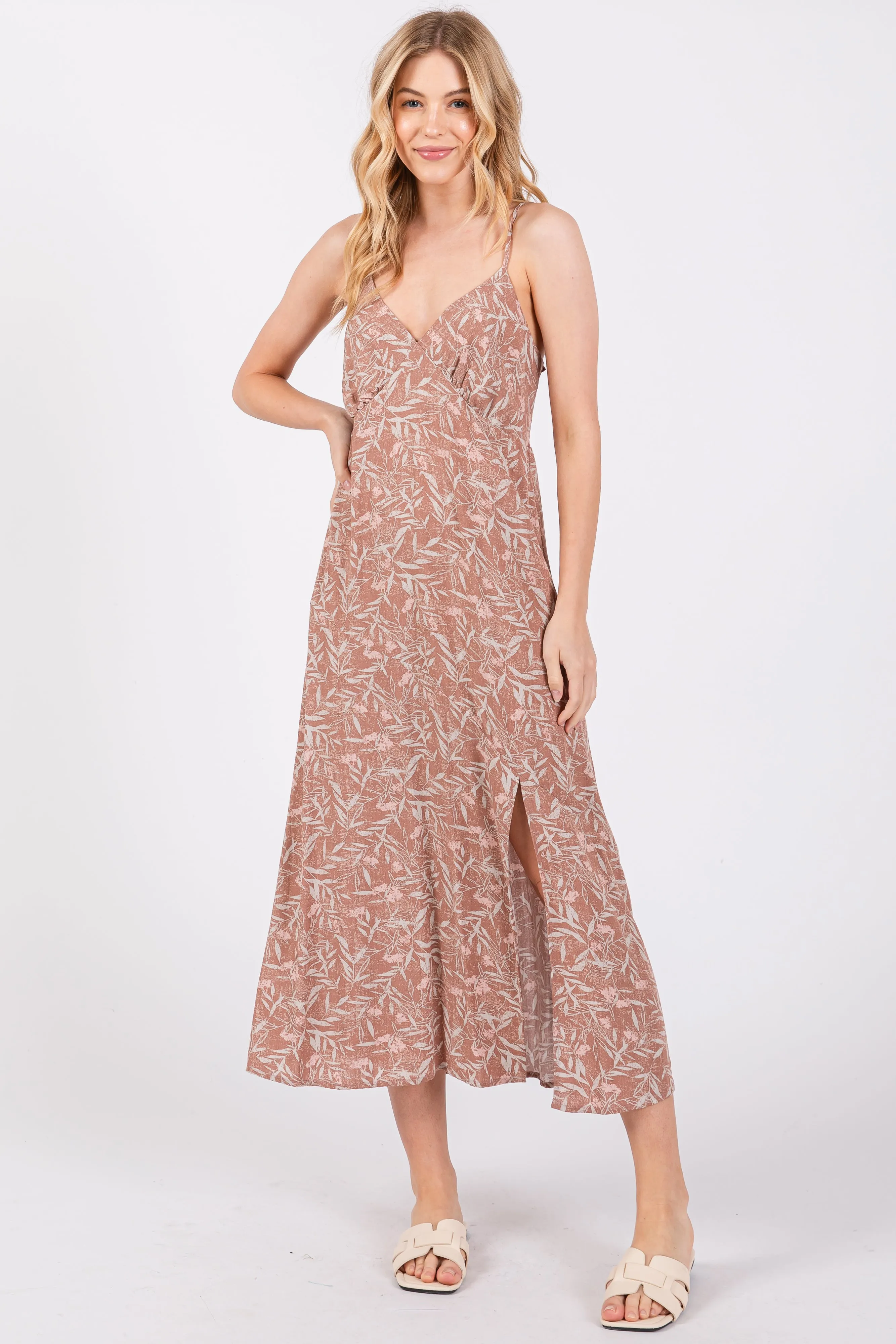 Mocha Floral V-Neck Side Slit Maternity Midi Dress sold by Pinkblush product image thumbnail 4