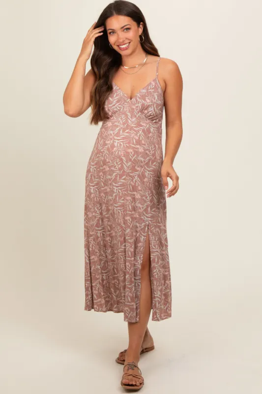Mocha Floral V-Neck Side Slit Maternity Midi Dress sold by Pinkblush