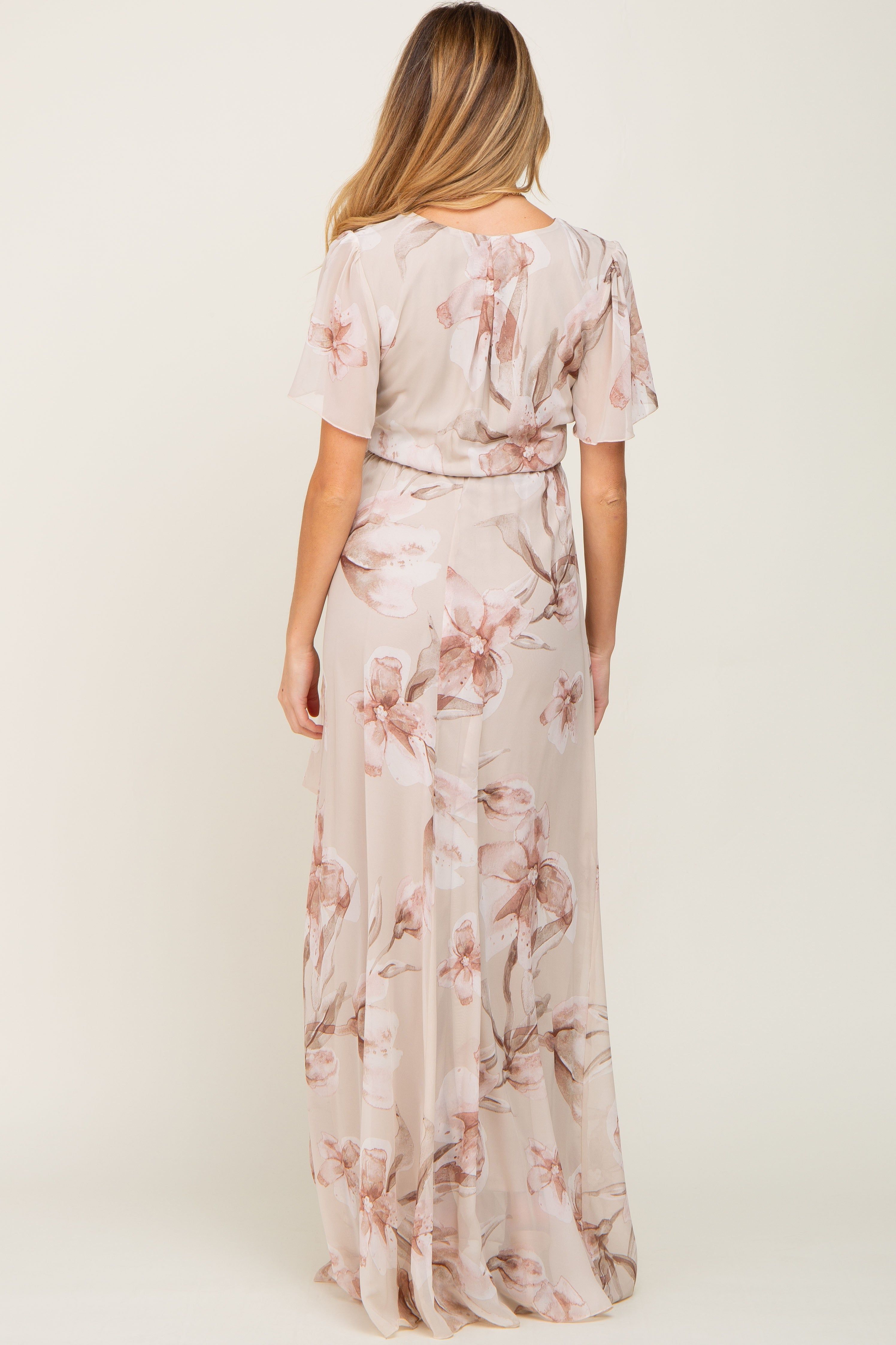 Beige Floral Chiffon Wrap Front Short Sleeve Maternity Maxi Dress sold by Pinkblush product image thumbnail 3