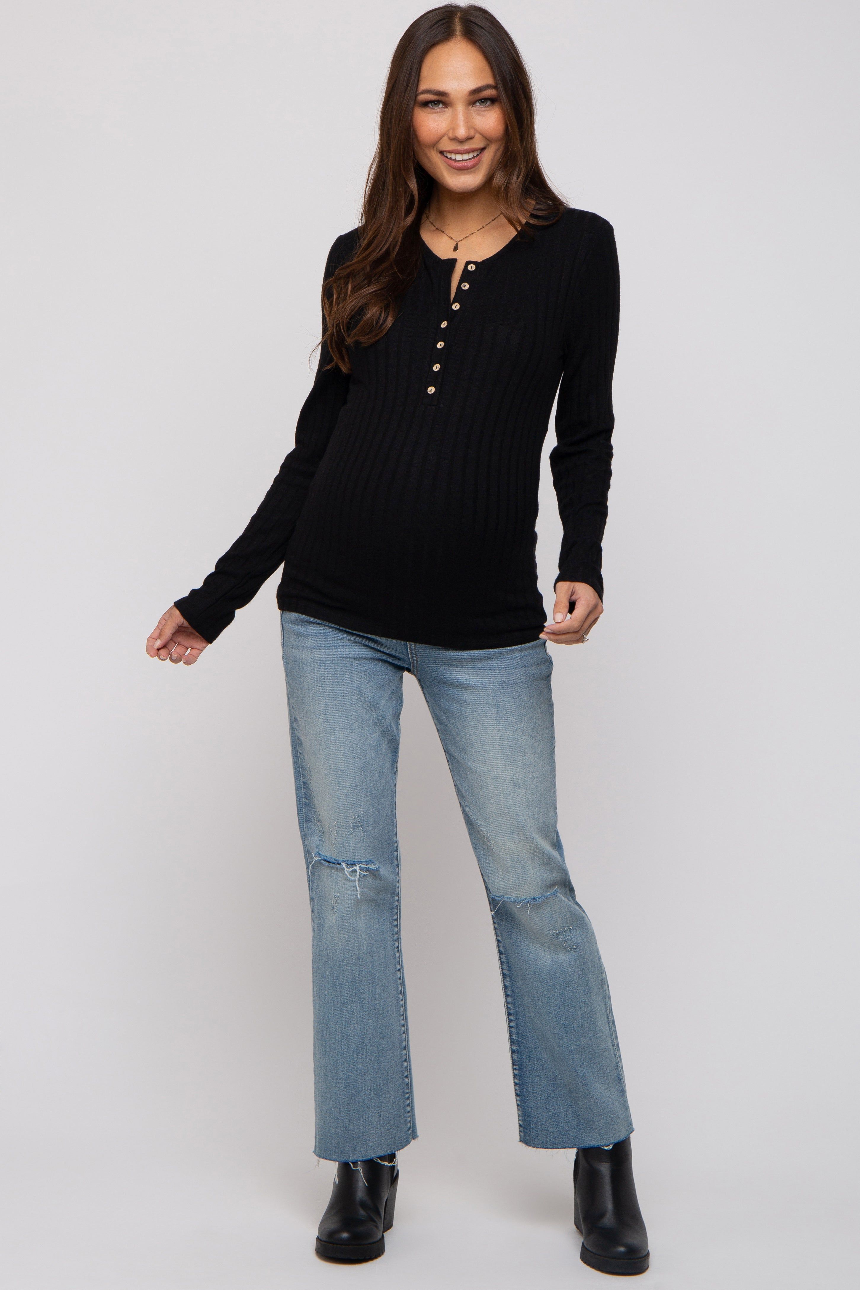 Black Ribbed Knit Button Long Sleeve Maternity Top sold by Pinkblush product image thumbnail 4