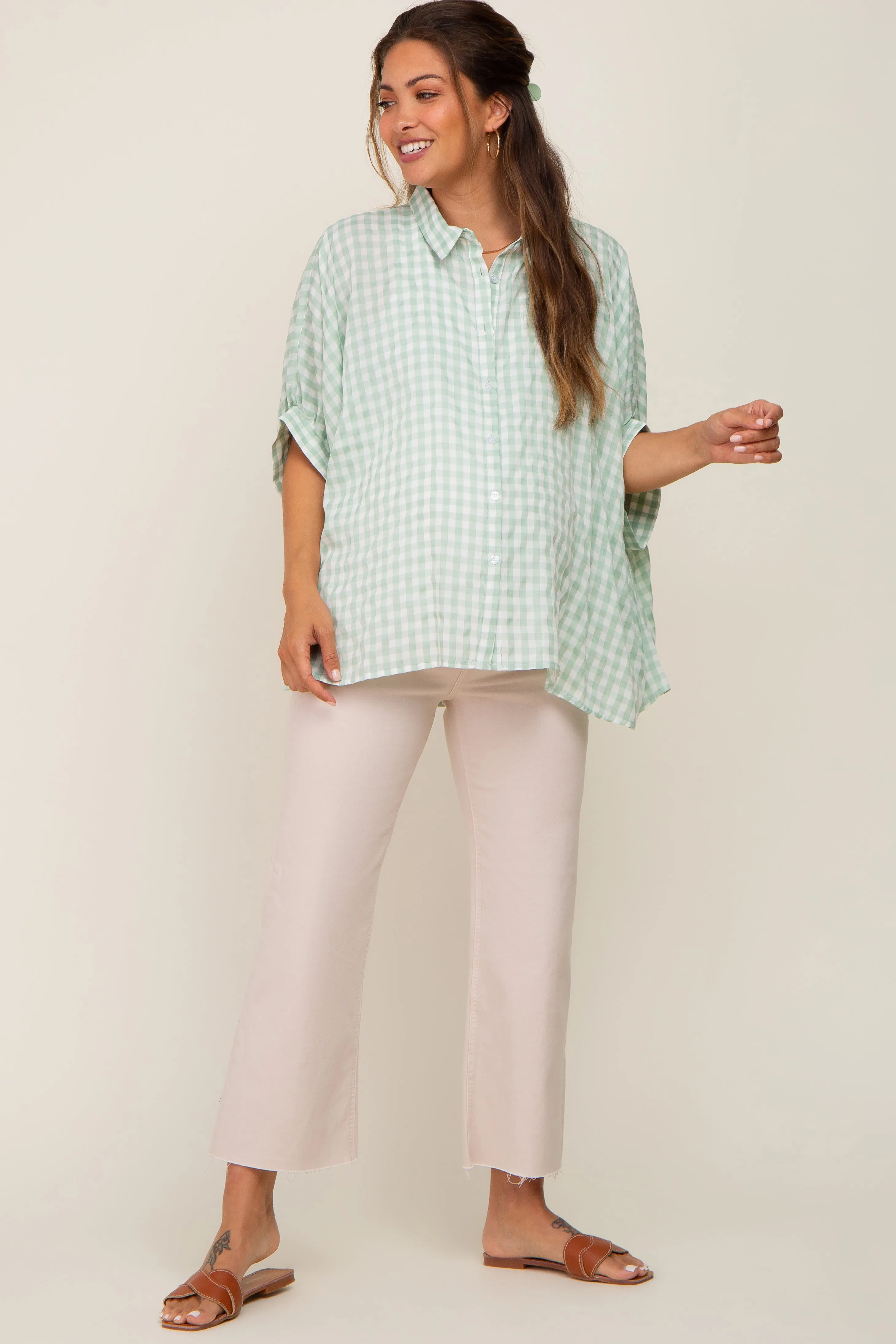 Mint Green Gingham Button Up Collared Boxy Maternity Top sold by Pinkblush product image thumbnail 4