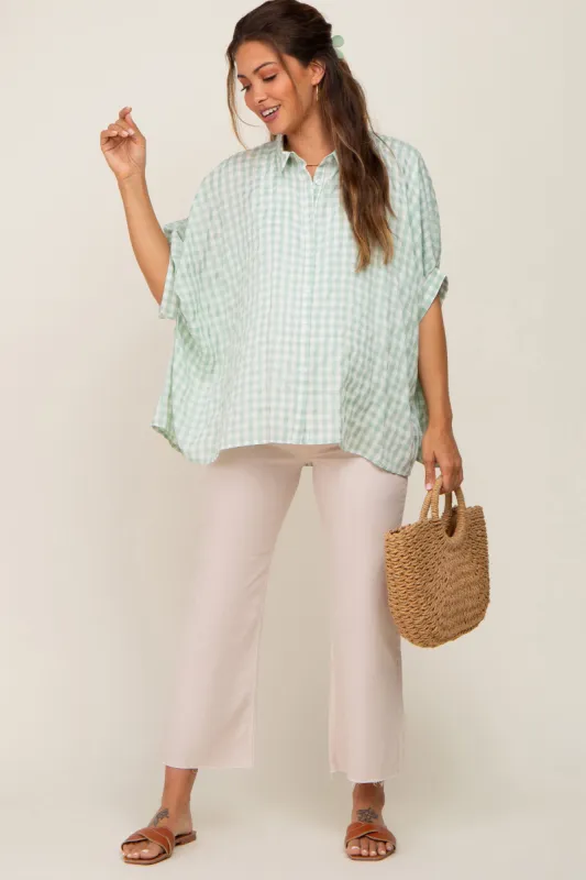 Mint Green Gingham Button Up Collared Boxy Maternity Top sold by Pinkblush