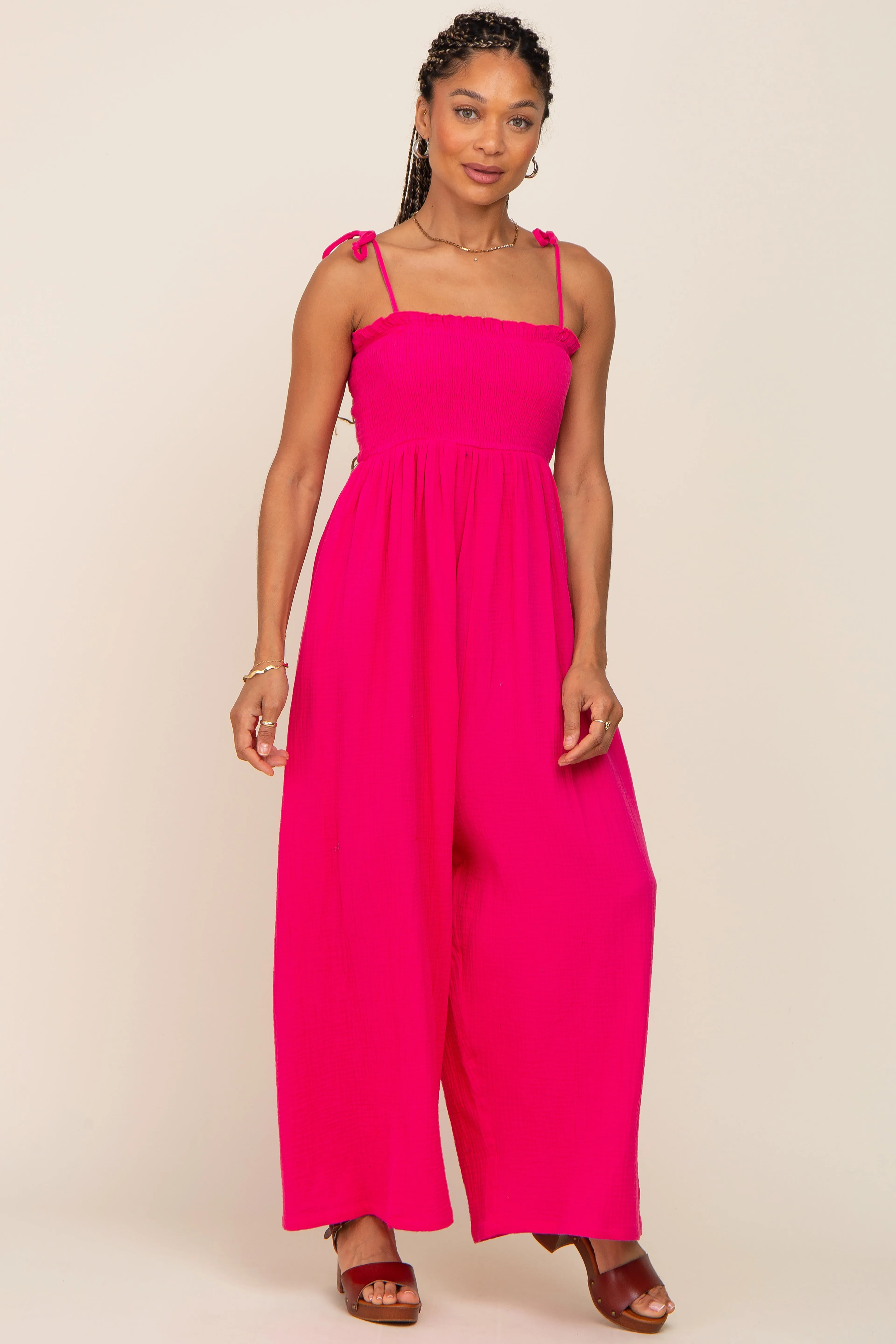 Fuchsia Sleeveless Cropped Jumpsuit sold by Pinkblush