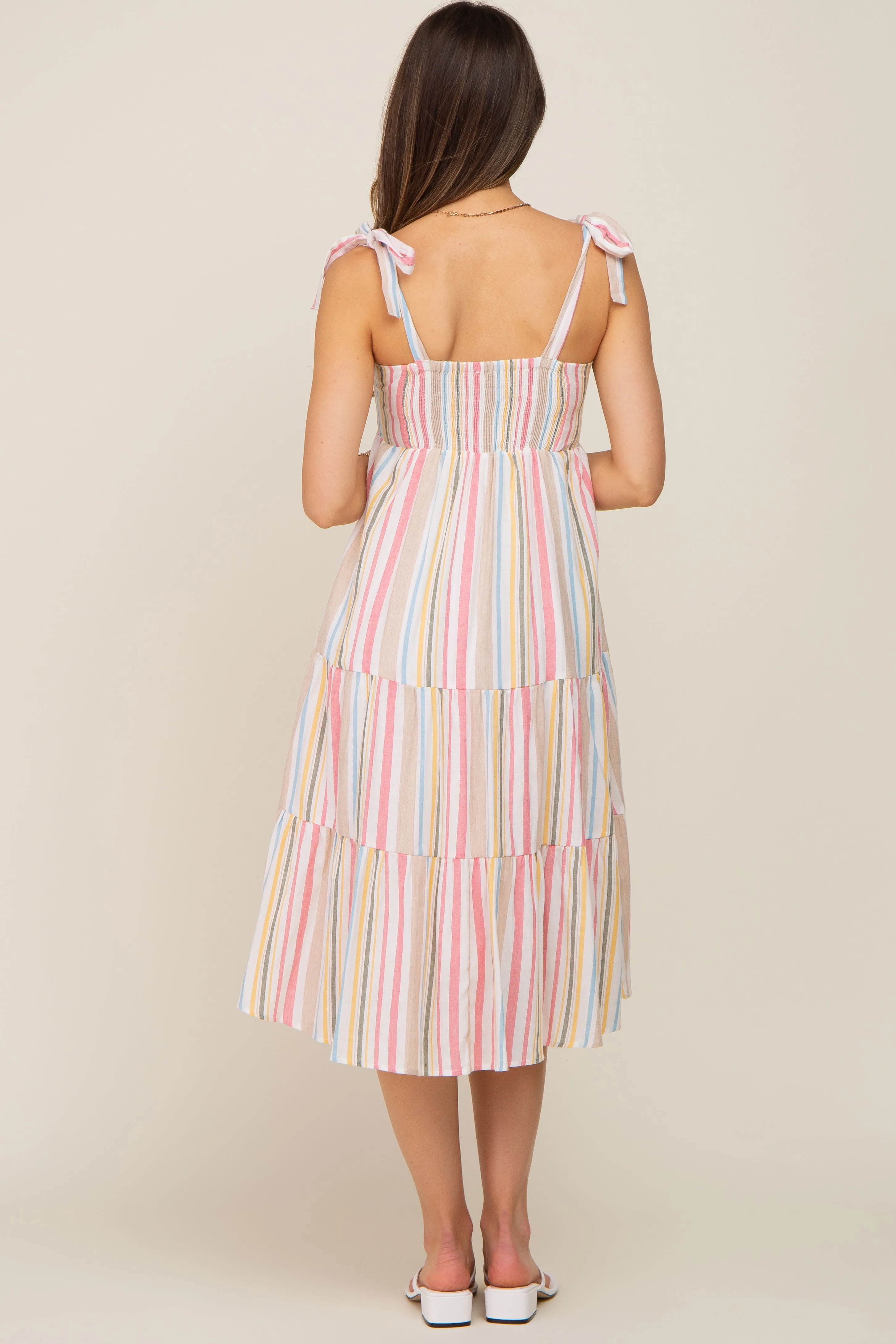Pink Striped Shoulder Tie Tiered Maternity Midi Dress sold by Pinkblush product image thumbnail 4