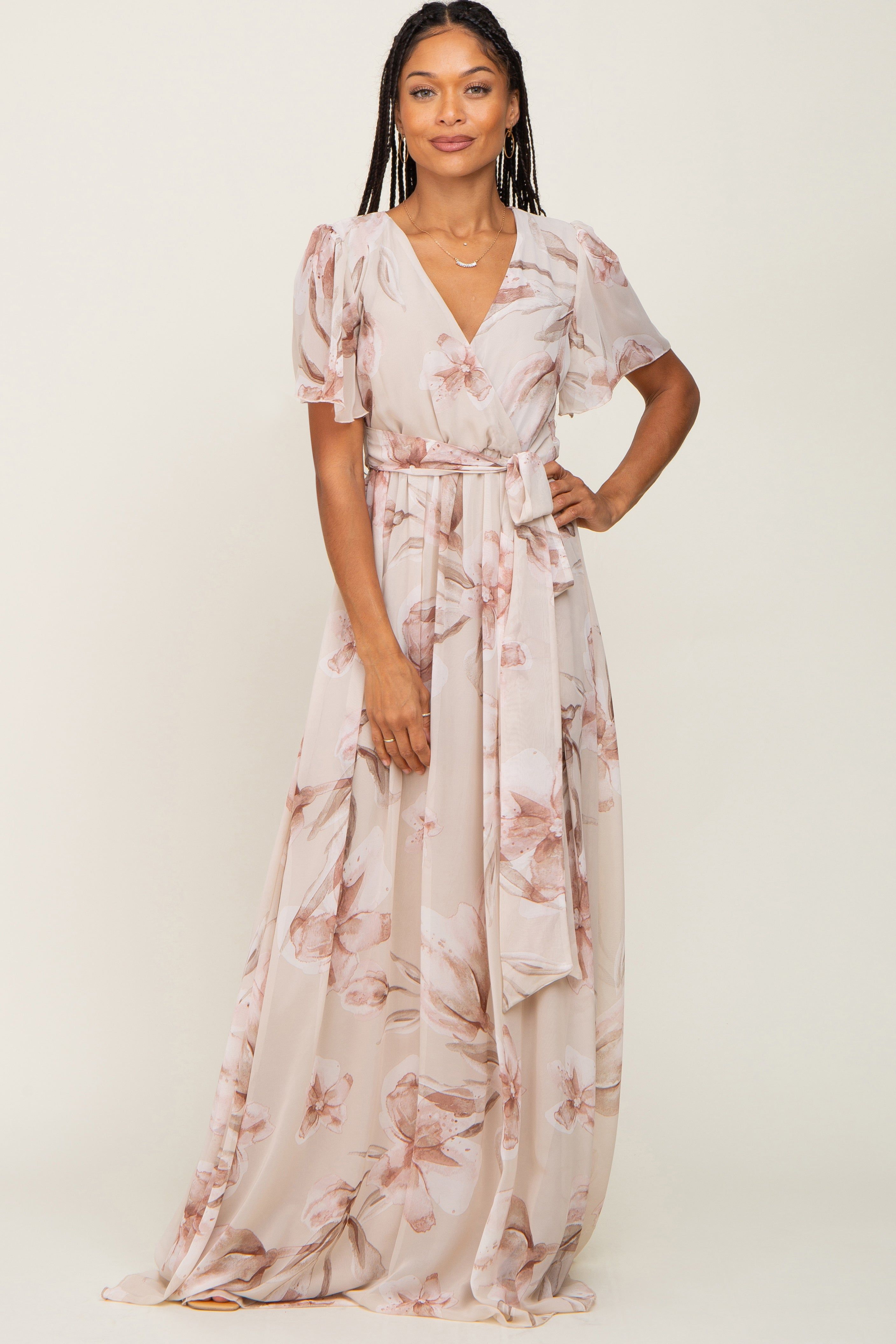 Beige Floral Chiffon Wrap Front Short Sleeve Maternity Maxi Dress sold by Pinkblush product image thumbnail 4