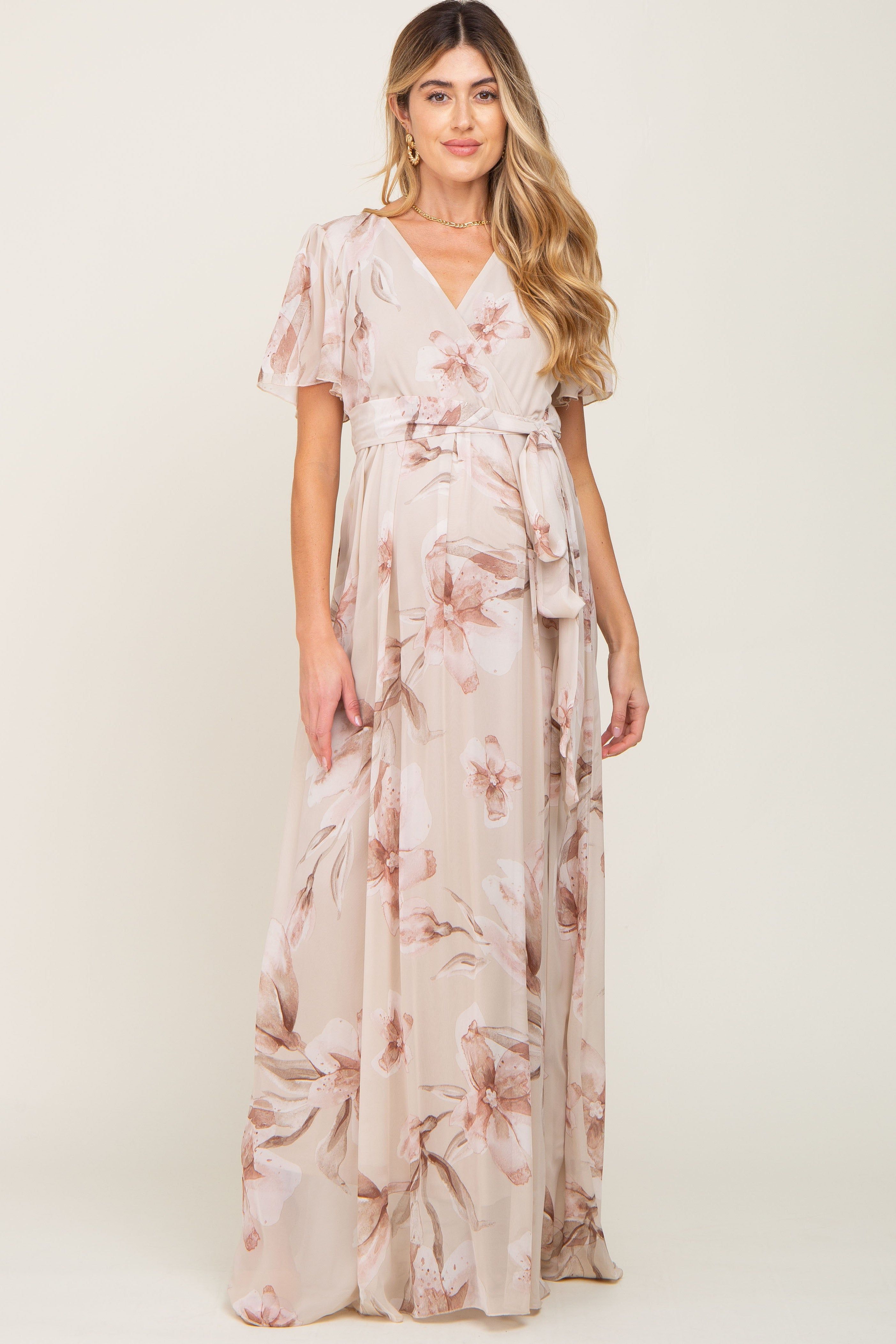 Beige Floral Chiffon Wrap Front Short Sleeve Maternity Maxi Dress sold by Pinkblush