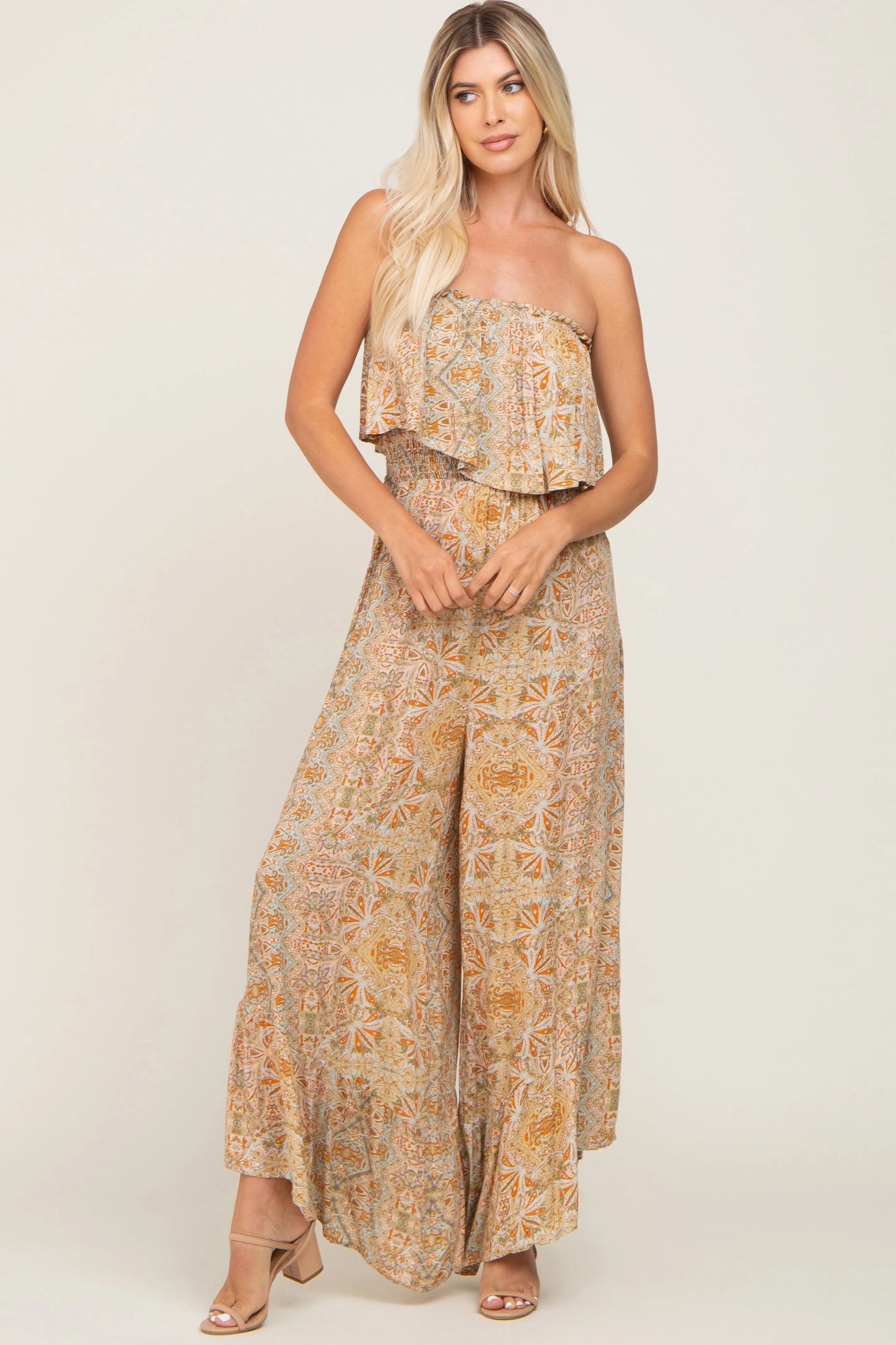 Taupe Floral Sleeveless Wide Leg Jumpsuit sold by Pinkblush